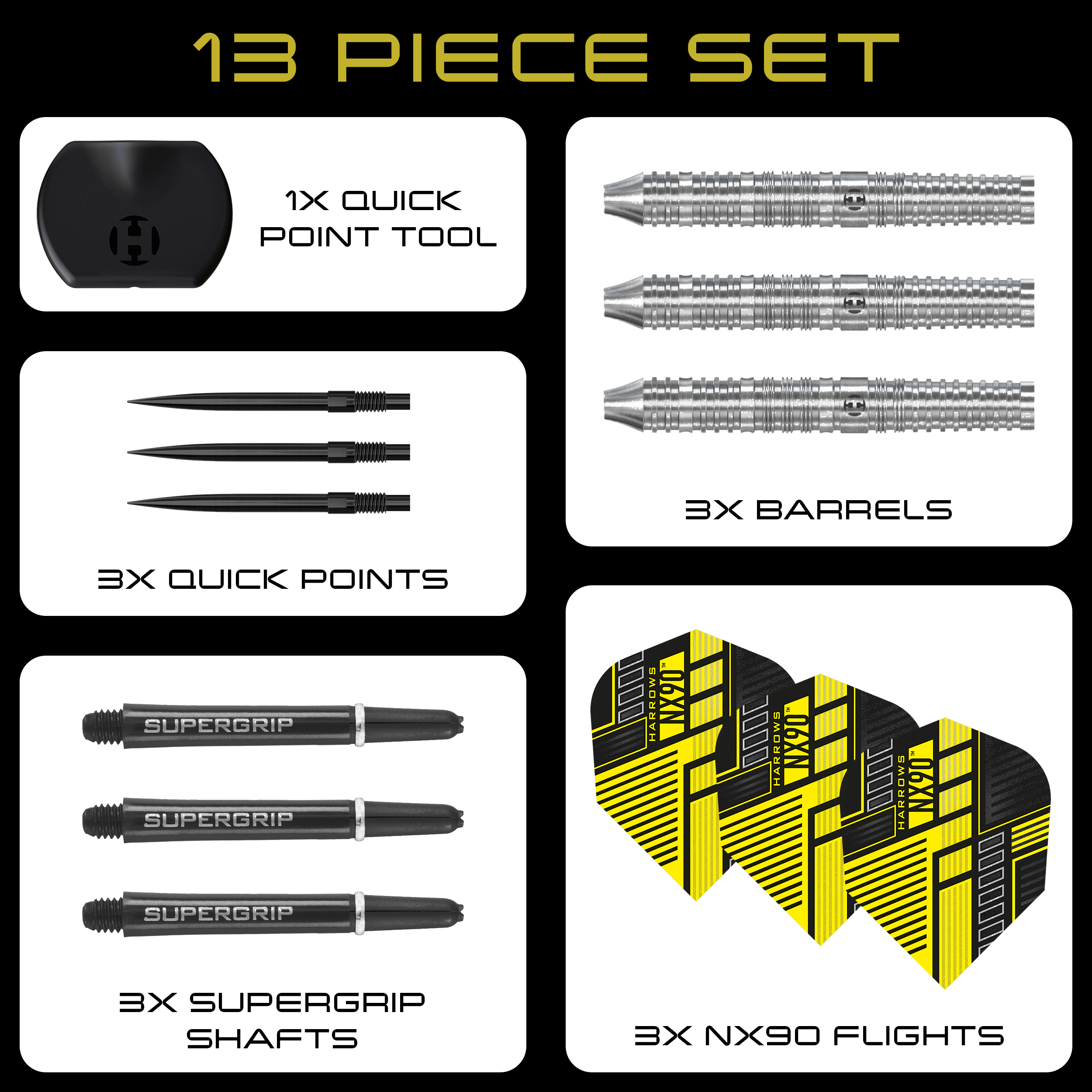 Harrows NX90 Parallel Quick Point Steel Darts Das Bild zeigt die Harrows NX90 Parallel Quick Point Steeldarts. Dies sind hochwertige Steeldarts mit modernem Design.