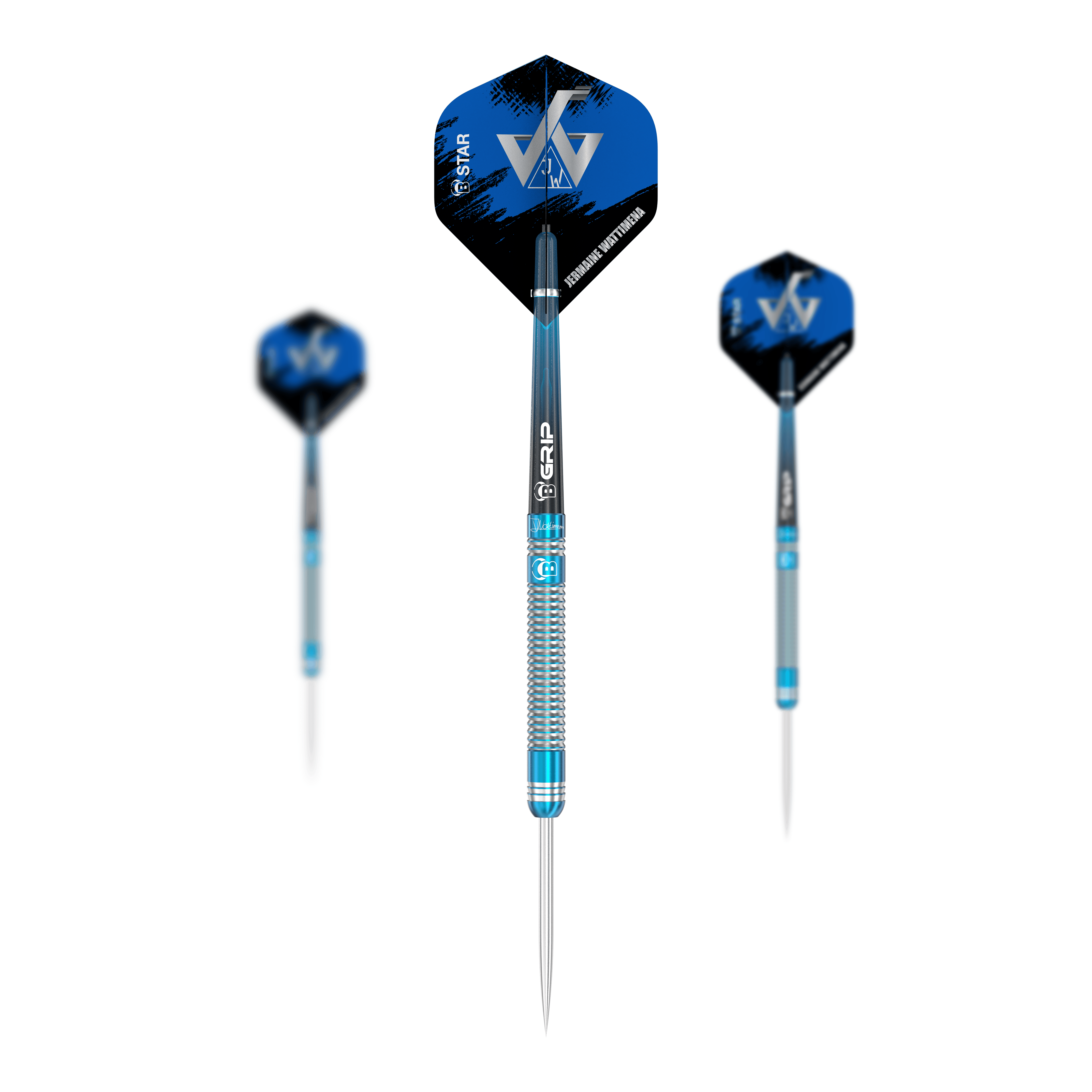 Bulls Jermaine Wattimena Generation 3 steel darts Das Bild zeigt drei Steeldarts des Modells "Bulls Jermaine Wattimena Generation 3". Die Darts haben blaue Flights mit weißen Initialen und silber-blau gestreifte Schäfte.