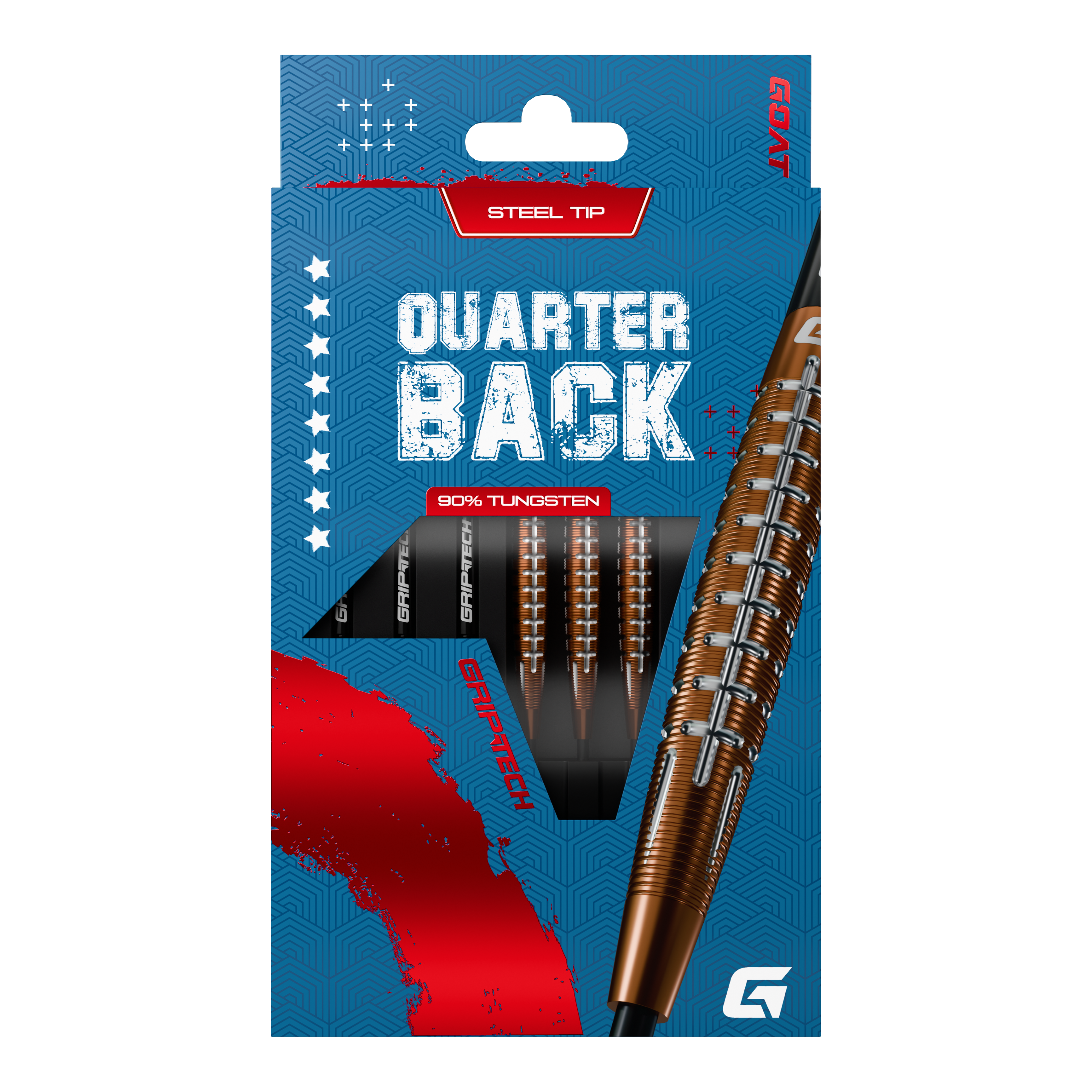 GOAT Quarterback V1 Tungsten Steel Darts Das Bild zeigt die GOAT Quarterback V1 Tungsten Steeldarts in einer blauen Verpackung. Die Darts bestehen zu 90% aus Tungsten und haben eine Stahlspitze.