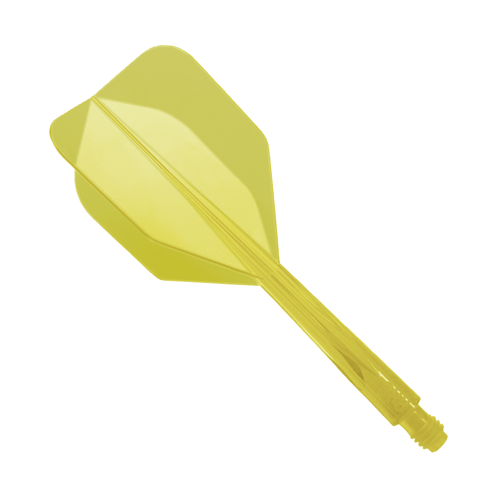 Das Bild zeigt ein gelbes Dart-Flight-System namens "Condor Axe Yellow Flight-System Small - XL - 37,5 mm". Es besteht aus einem Stück und ist für Darts geeignet.