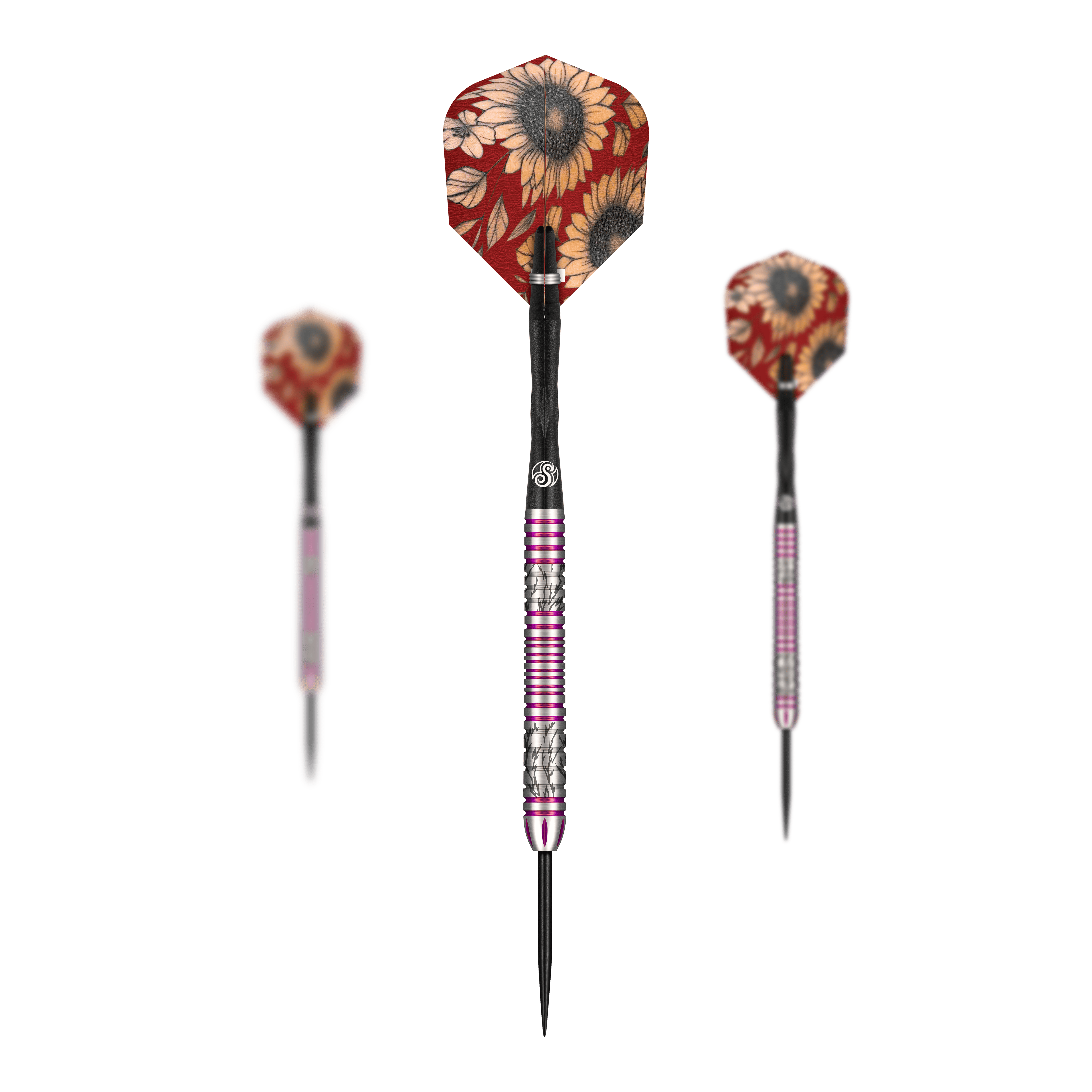 Shot Pro Series Barbora Hospodarska 2 Steeldarts - 23g Das Bild zeigt drei Steeldarts der Marke Shot Pro Series Barora Hospodarska mit einem Gewicht von 23g. Die Flights haben ein auffälliges Sonnenblumenmuster auf rotem Hintergrund.