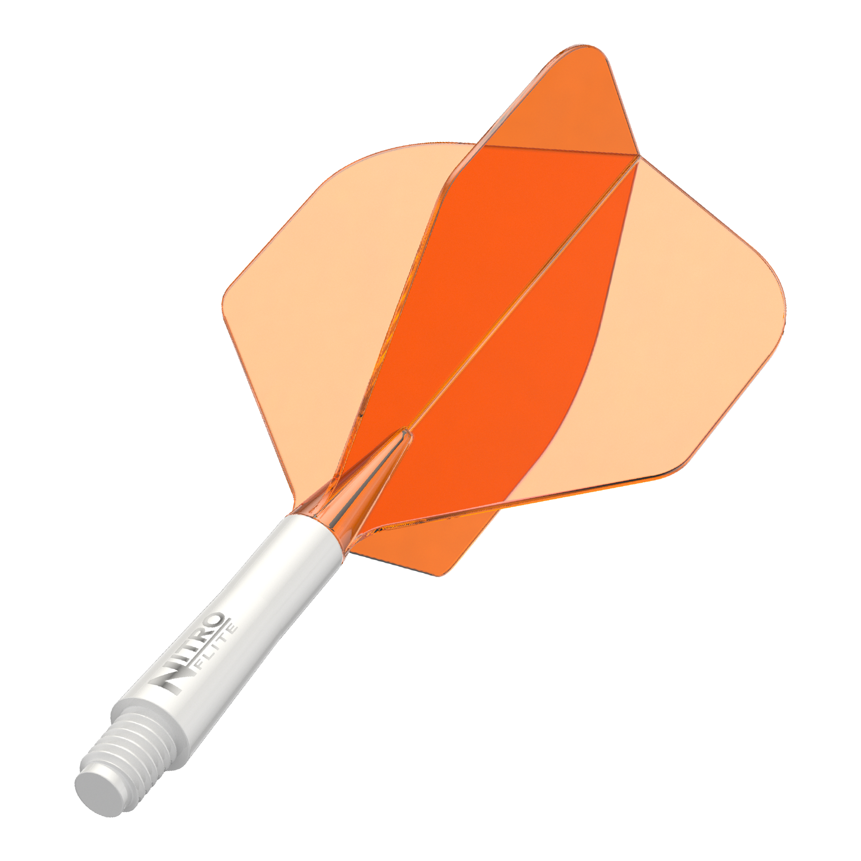 Abgebildet ist ein Dart-Schäfte-Set mit weißem Schaft und orangen Flights. Das Produkt scheint ein Red Dragon Nitroflite Modell in kurzer Ausführung zu sein.