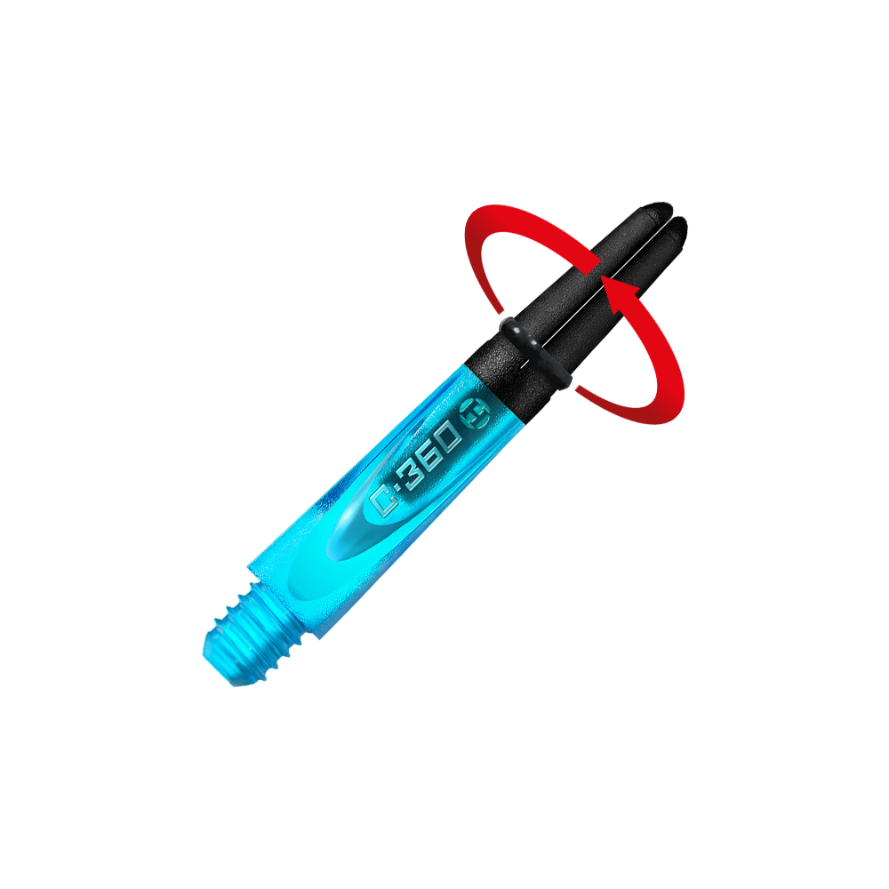 HR443_Harrows_Carbon_360_Shafts_Aqua_35mm_2_Symbol Das Bild zeigt einen blauen Dart-Schaft mit schwarzem oberen Ende. Auf dem Schaft steht "C-360" geschrieben.