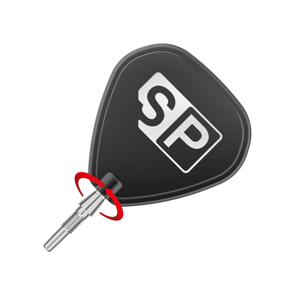 Target Swiss Point Storm Surge steel dart tips - silver Das Bild zeigt eine Dartspitze mit einem schwarzen Flight, auf dem die Buchstaben "SP" abgebildet sind. Ein roter Pfeil deutet auf eine Drehbewegung am Verbindungsstück der Spitze hin.