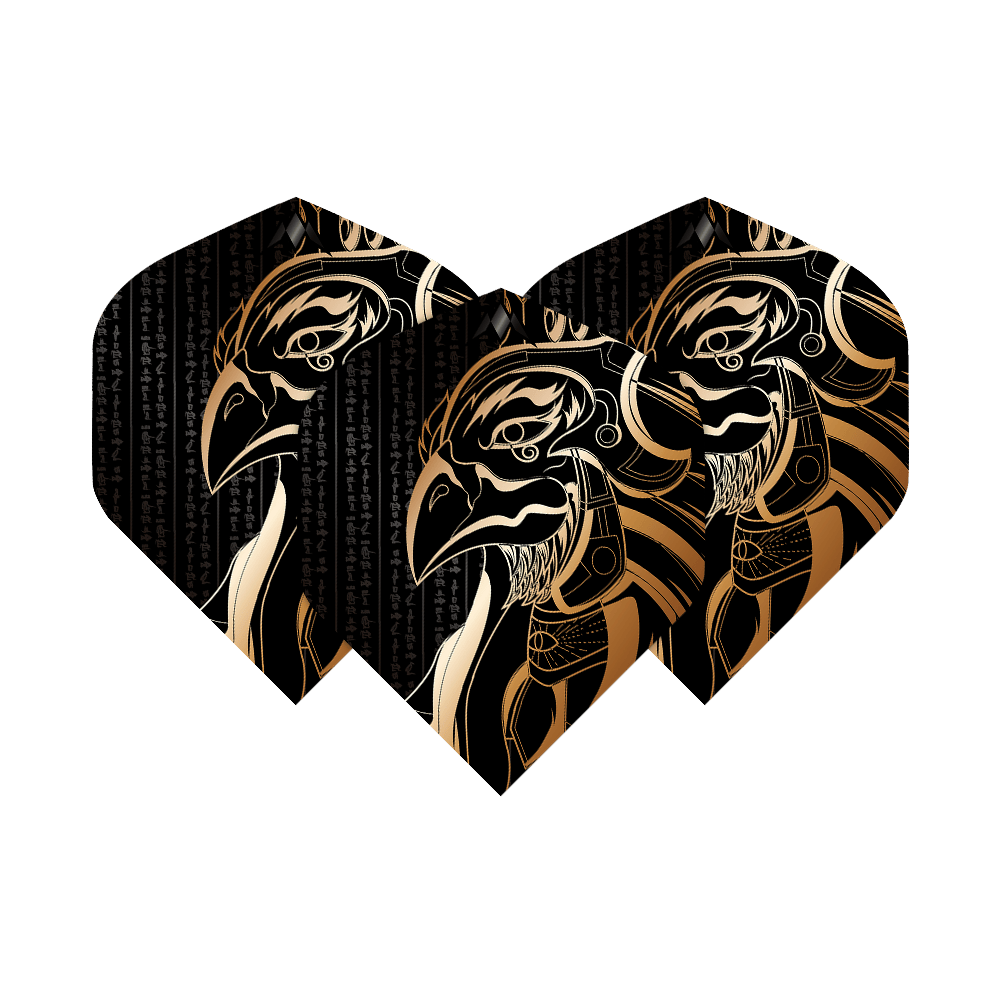 Mission Solo Horus No2 Standard Flights Das Bild zeigt drei Dartflights mit einem gold-schwarzen Horus-Motiv. Die Flights tragen den Namen "Mission Solo Horus No2 Standard Flights".