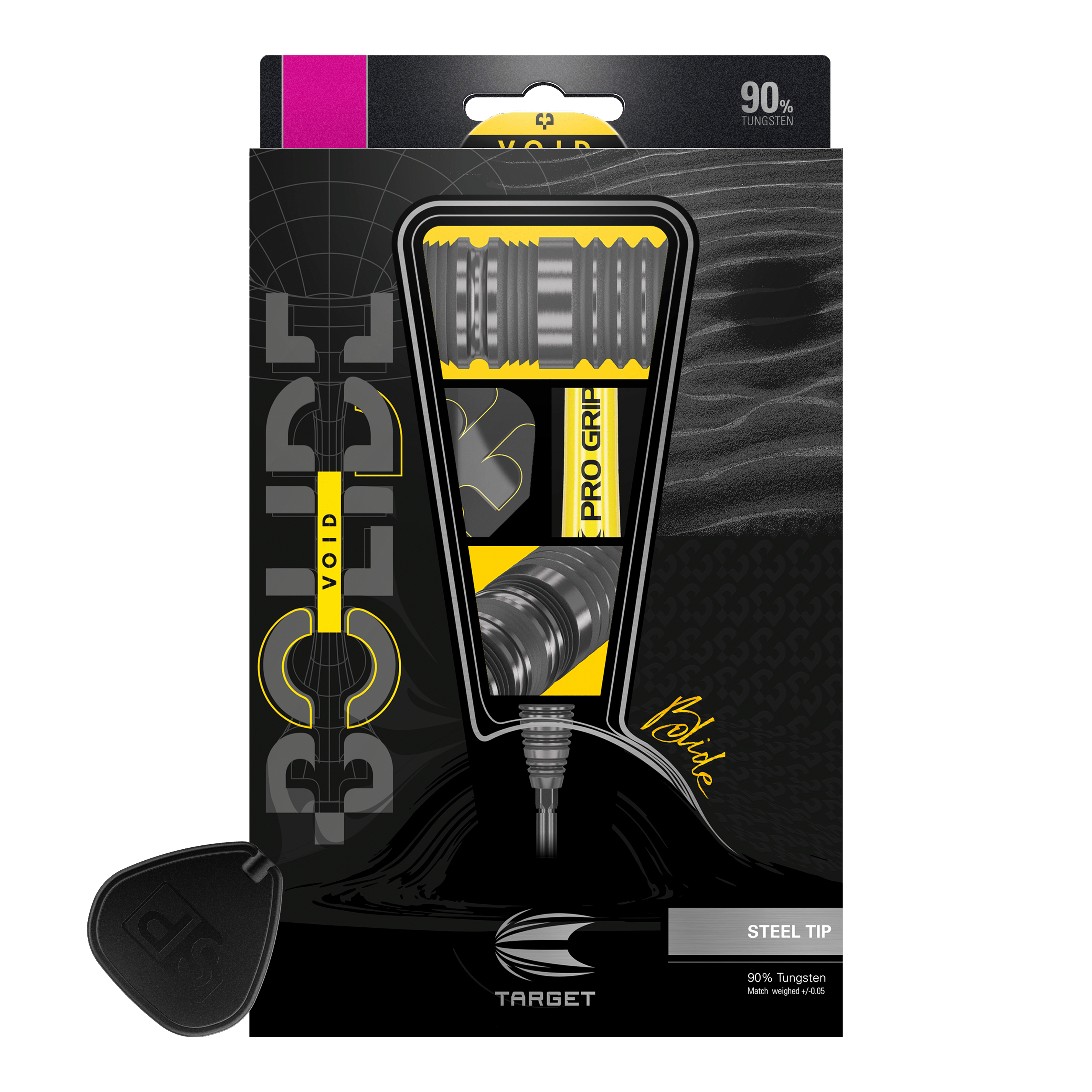 Target Bolide Void 04 Swiss Point steel darts Das Bild zeigt die Verpackung der "Target Bolide Void 04 Swiss Point Steeldarts". Die Darts bestehen zu 90 % aus Tungsten und haben eine Stahlspitze.