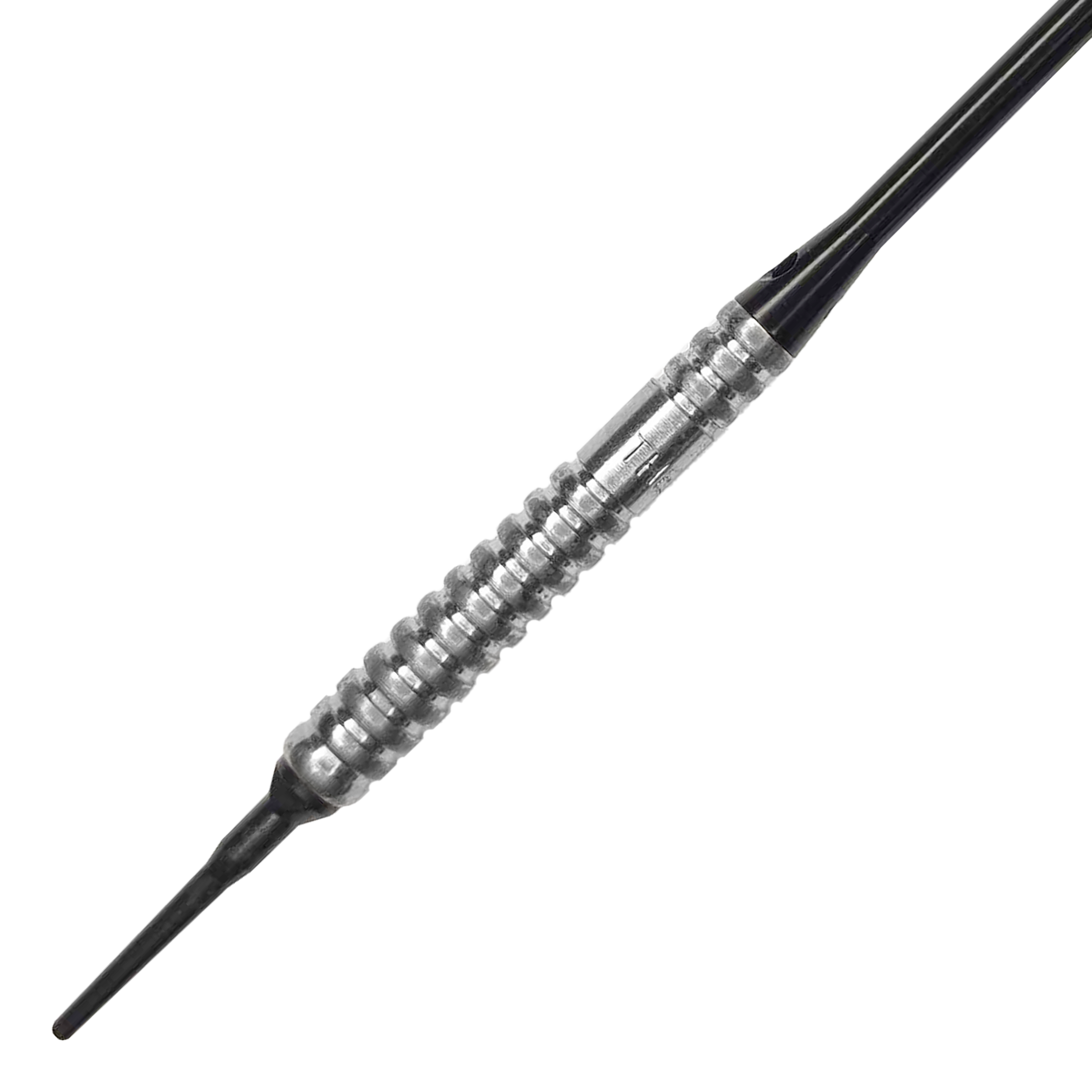 McDart 85 Tungsten V20 Soft Darts - 17g Auf dem Bild ist ein McDart 85er Tungsten V20 Softdart mit einem Gewicht von 17g zu sehen. Der Dartpfeil hat eine silberne, geriffelte Griffzone und eine schwarze Spitze.