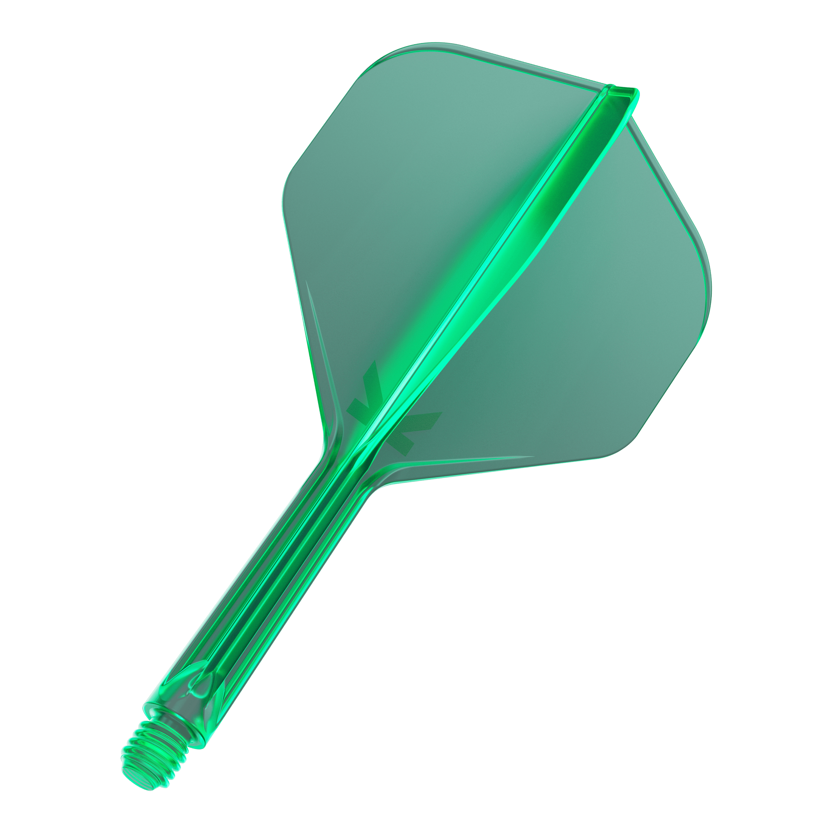 Target K-Flex No2 Standard Flight System - Green Das Bild zeigt einen grünen Dartflügel mit einem integrierten Schaft. Der Flügel hat eine Standardform und besteht aus durchsichtigem Kunststoff.