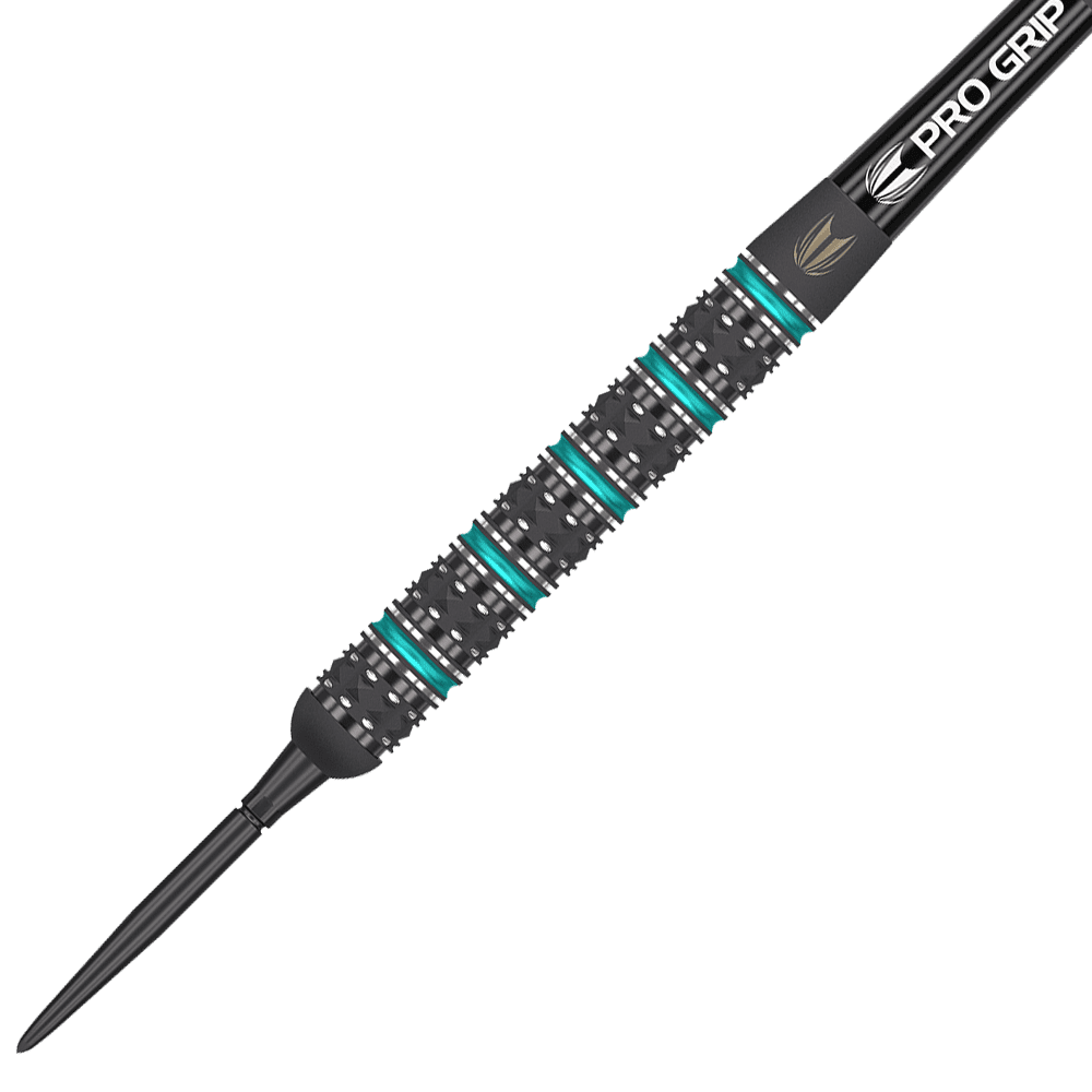 190209_Target_Rob_Cross_Black_Edition_2023_Swiss_Point_Steeldarts_2 Das Bild zeigt einen schwarzen Steeldart mit silbernen und türkisfarbenen Ringen am Griff. Auf dem Schaft steht "PRO GRIP" geschrieben.