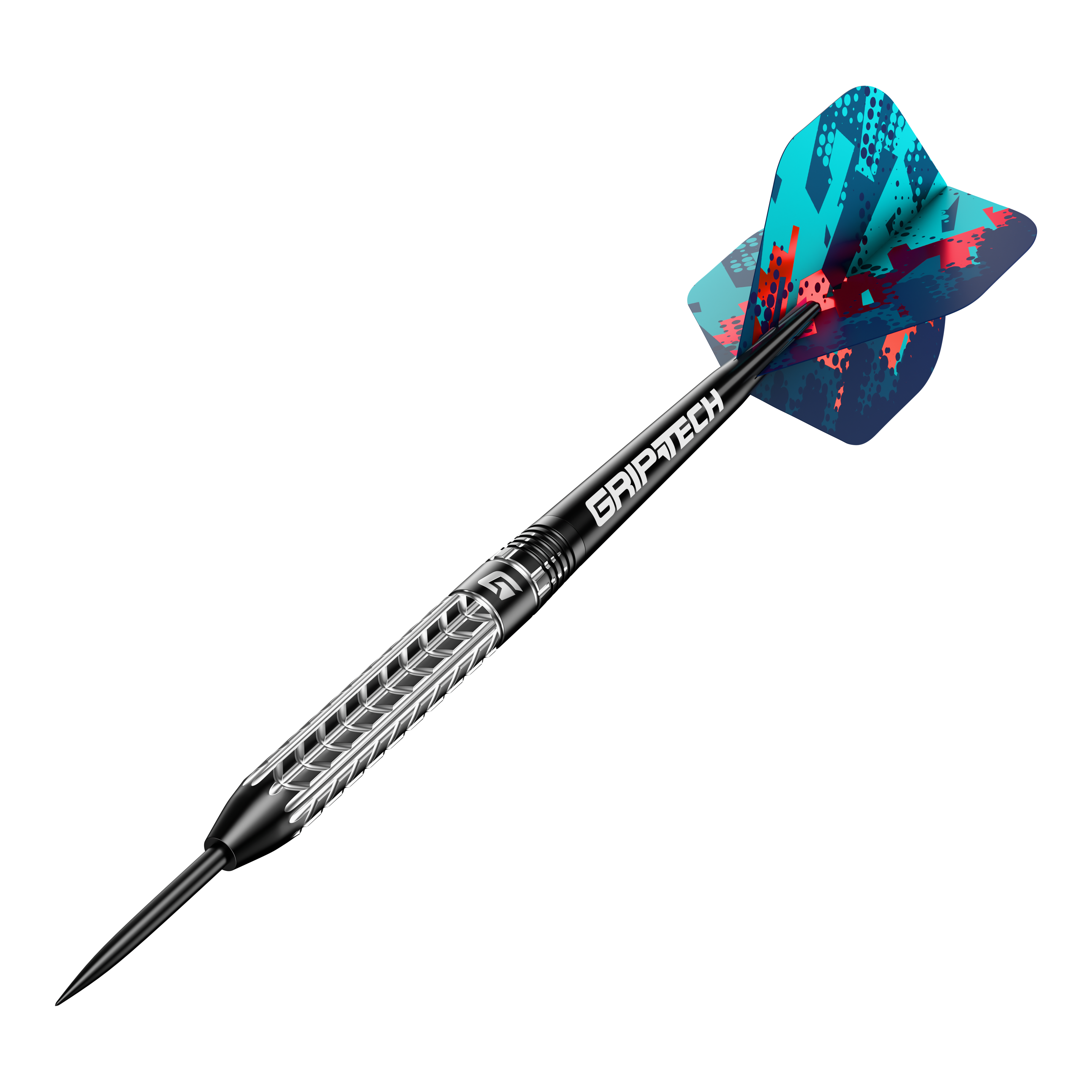 GOAT Traction Tungsten Steel Darts Das Bild zeigt einen GOAT Traction Tungsten Steeldart mit einer strukturierten Griffoberfläche und einer farbenfrohen Flight. Der Schaft trägt die Aufschrift "GRIPTECH" und die Spitze ist aus Stahl.