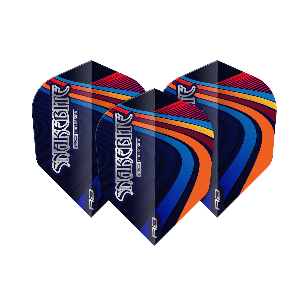Das Bild zeigt drei bunte Dart-Flights mit dem Schriftzug "Snakebite". Die Flights haben ein auffälliges Muster in Blau, Orange, Rot und Gelb.