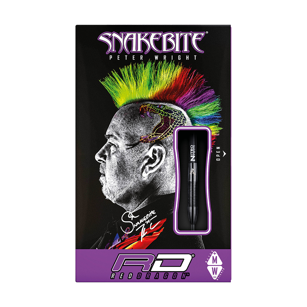 RD1383-RedDragon-Peter-Wright-Snakebite-3-Black-Player-Darts-3 Die Verpackung zeigt die "Red Dragon Peter Wright Snakebite 3 Black Steeldarts". Auf der Vorderseite ist ein Porträt mit buntem Irokesenschnitt und Schlangentattoo abgebildet.