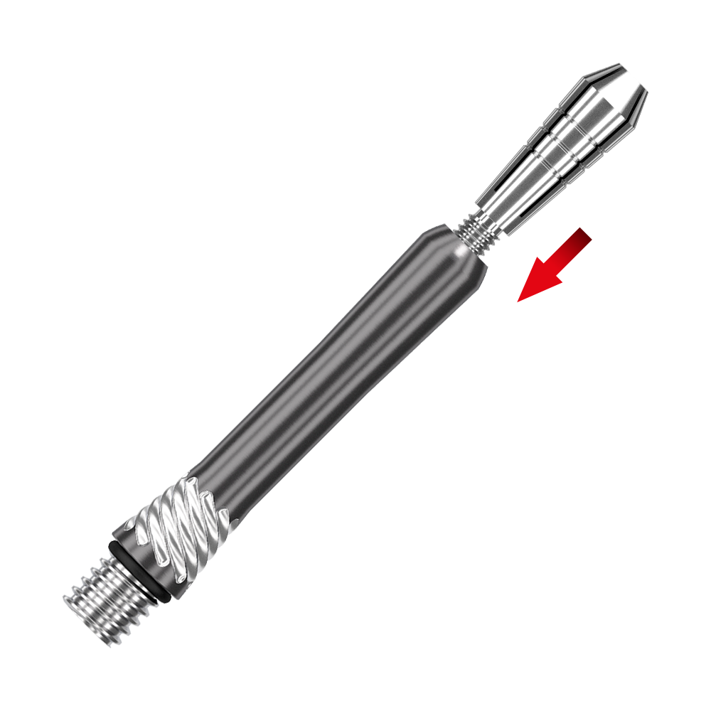 200480_Target_Power_Titanium_Shaft_Ersatztops_Silber_2 Das Bild zeigt den Target Power Titanium Shafts Ersatztop in Silber. Ein roter Pfeil markiert den austauschbaren oberen Teil des Shafts.