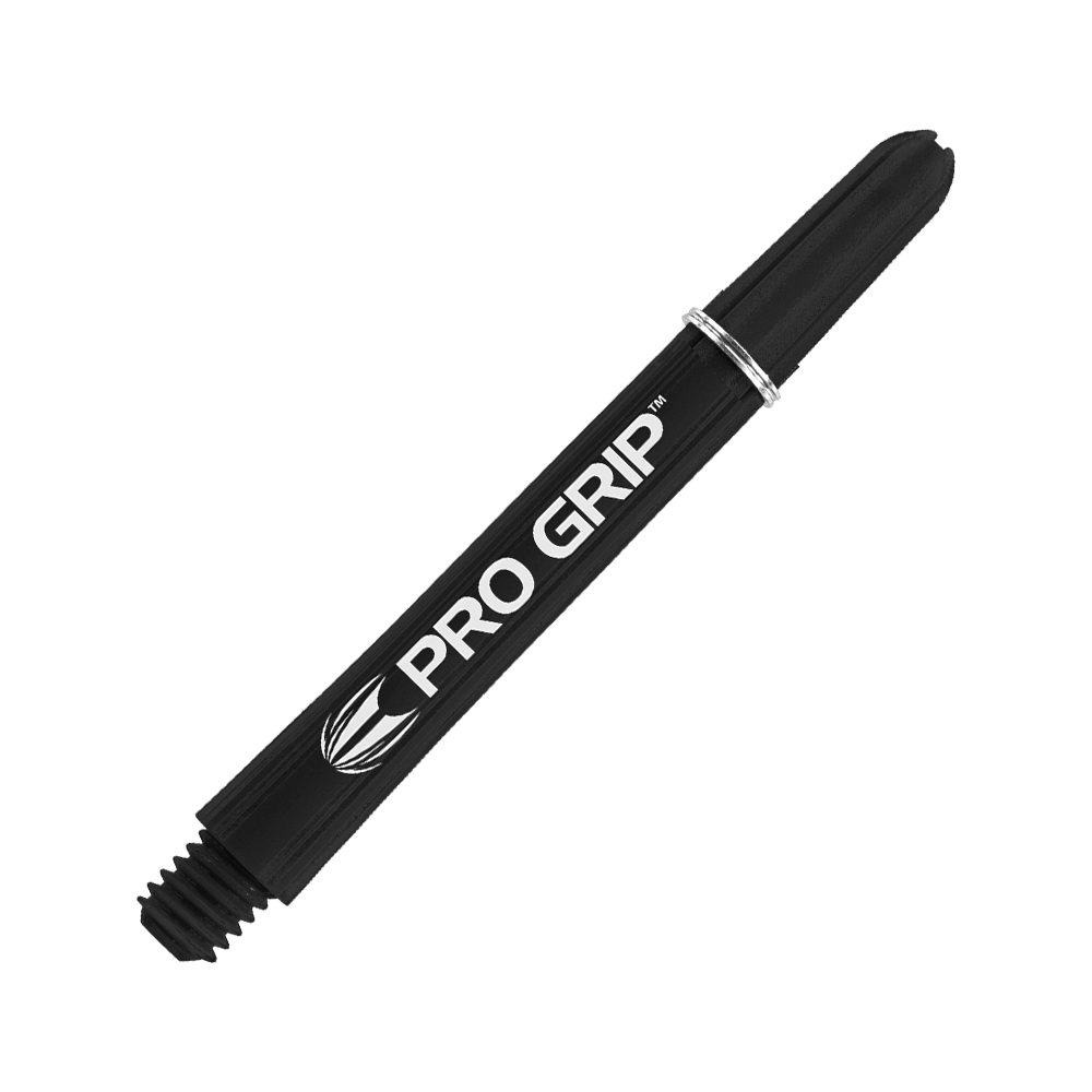 Dies ist ein schwarzer Target Pro Grip Shaft für Darts. Auf dem Schaft steht in weißer Schrift "PRO GRIP".