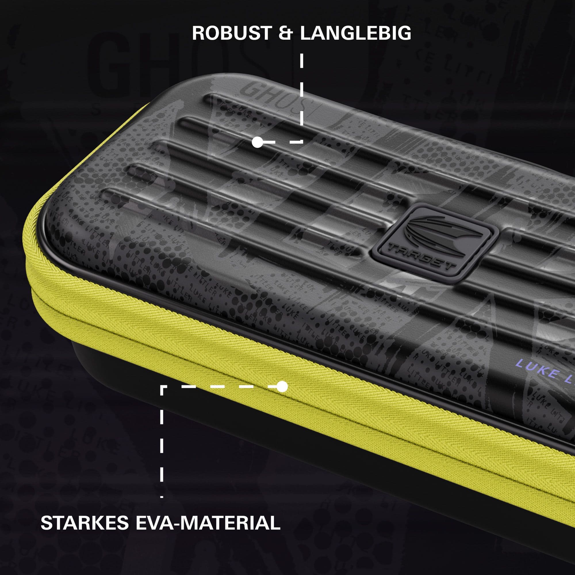 Gezeigt wird das Takoma Ghost Series Luke Littler Dartcase. Die Tasche bietet Sicherheit und Komfort für alle Dart-Liebhaber.