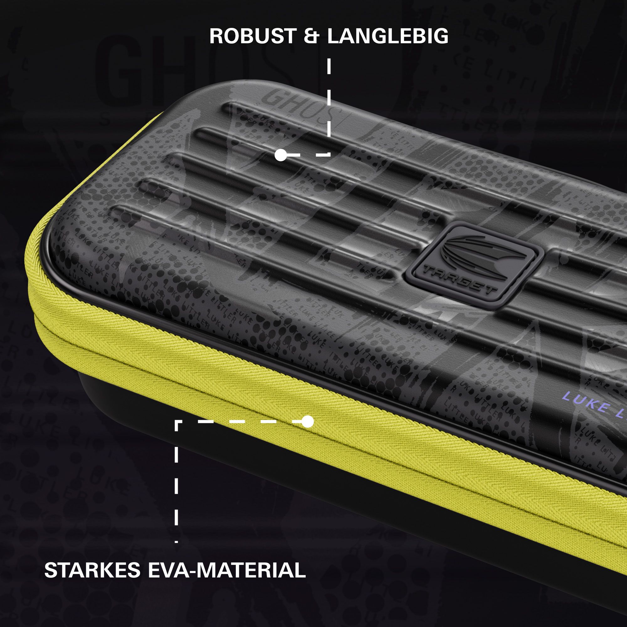 Takoma Ghost Series Luke Littler dart case Gezeigt wird das Takoma Ghost Series Luke Littler Dartcase. Die Tasche bietet Sicherheit und Komfort für alle Dart-Liebhaber.