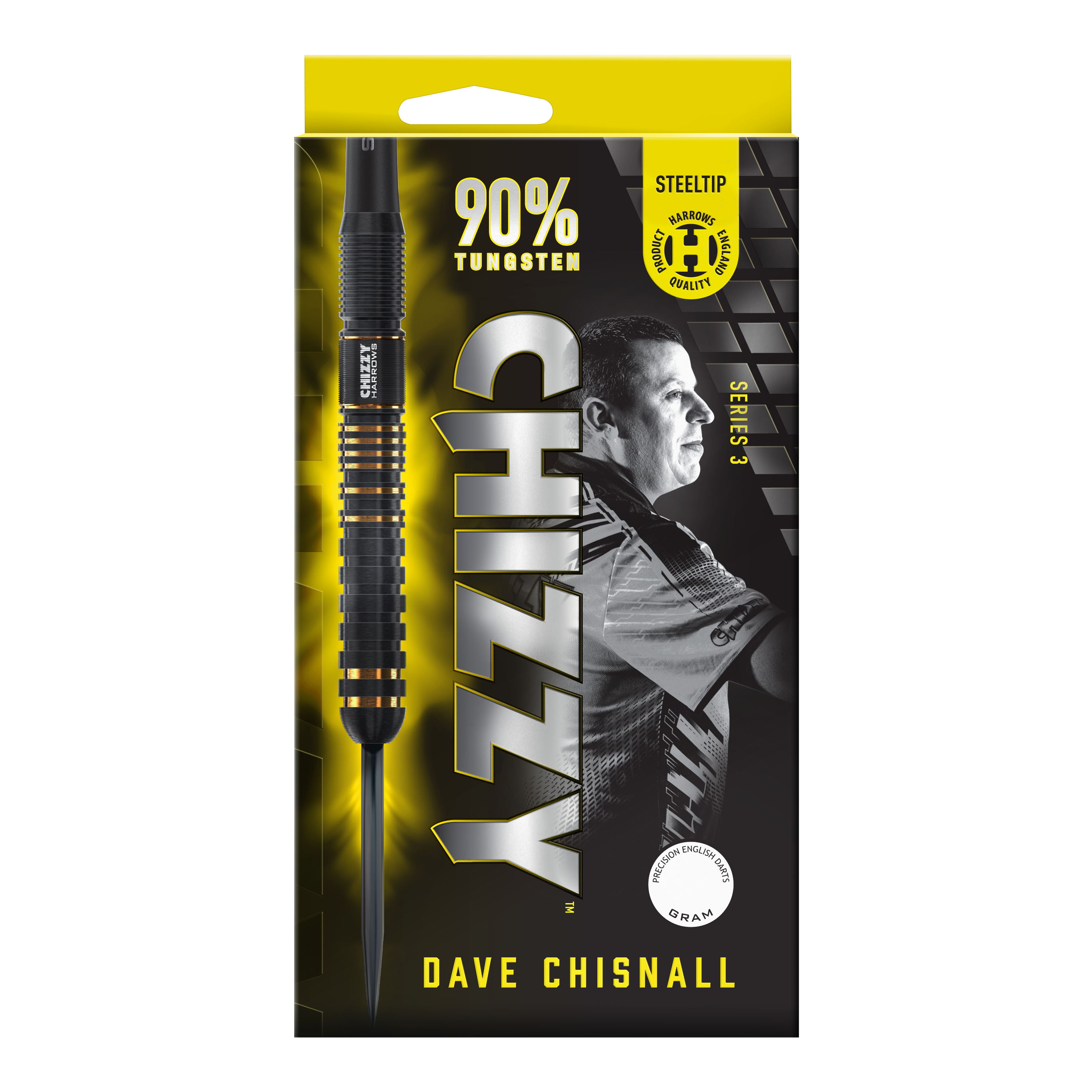 Harrow's Dave Chisnall Chizzy Series 3 steel darts Das Bild zeigt eine Verpackung der "Harrows Dave Chisnall Chizzy Series 3 Steeldarts". Auf der Verpackung steht, dass die Darts aus 90% Tungsten bestehen und für professionelle Qualität stehen.