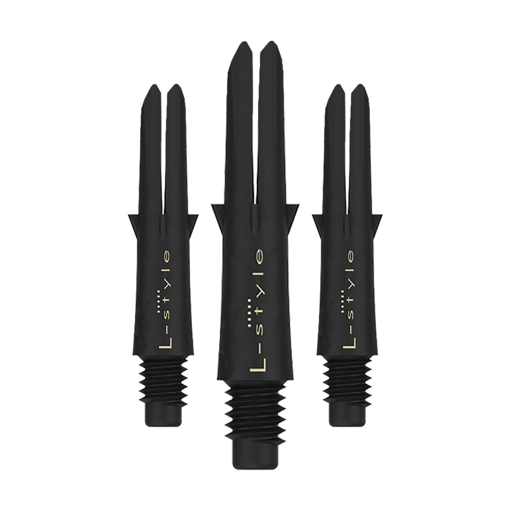 L style carbon shafts Das Bild zeigt drei schwarze Dartschäfte aus Carbon der Marke L-Style. Sie sind ohne Kappen und haben eine Länge von 26 mm.