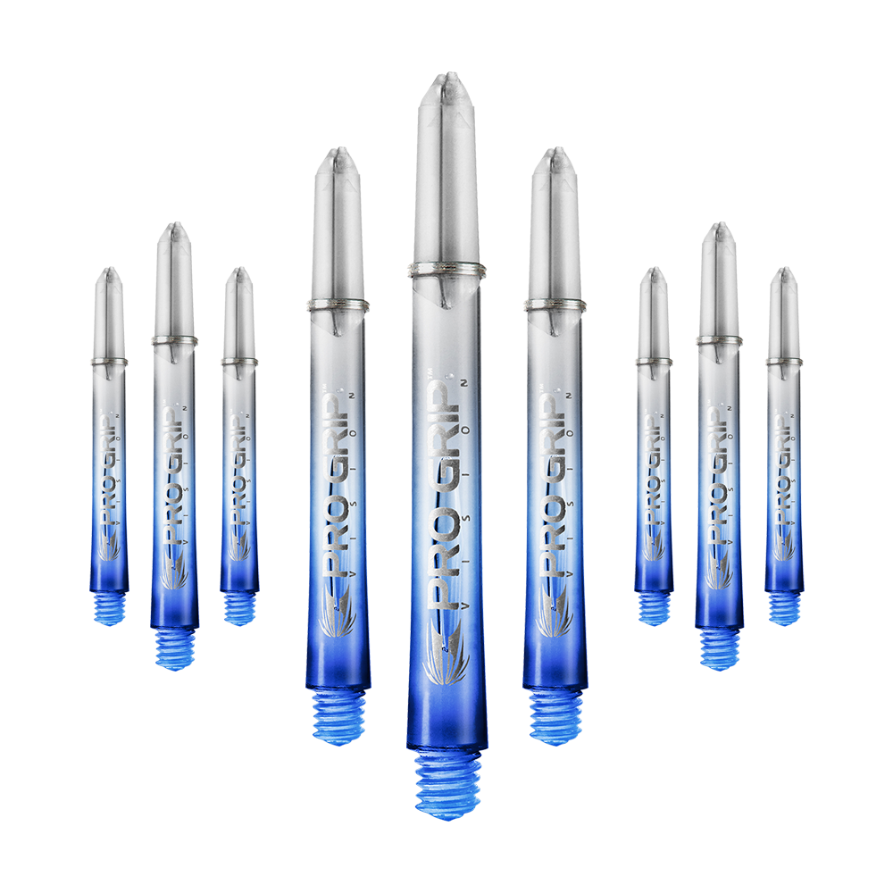 Target Pro Grip Vision Shafts - 3 Sets - Blue Das Bild zeigt neun transparente Dartschäfte mit blauem unteren Ende. Auf den Schäften steht "Pro Grip" geschrieben.