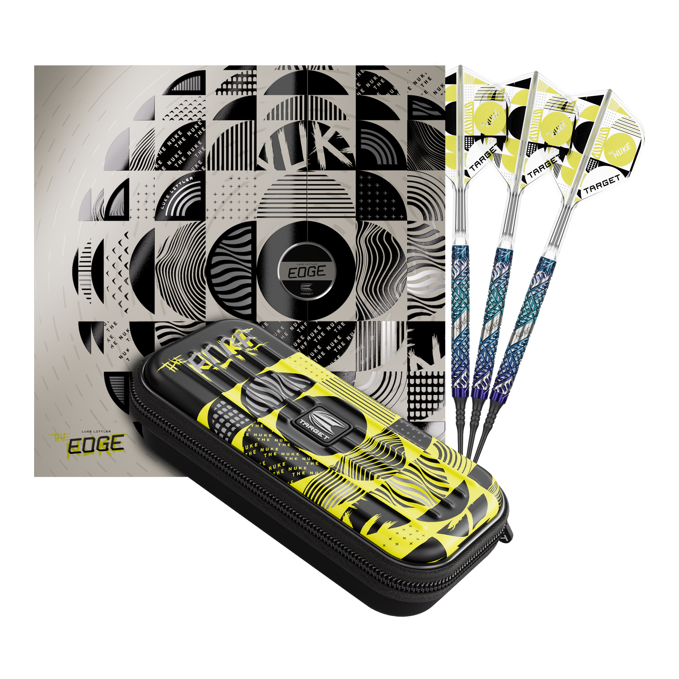 Target Luke Littler Edge Soft Darts - 19g Auf dem Bild befindet sich das Set der Target Luke Littler Edge Softdarts - 19g. Die Darts sind komplett und gut sichtbar angeordnet.