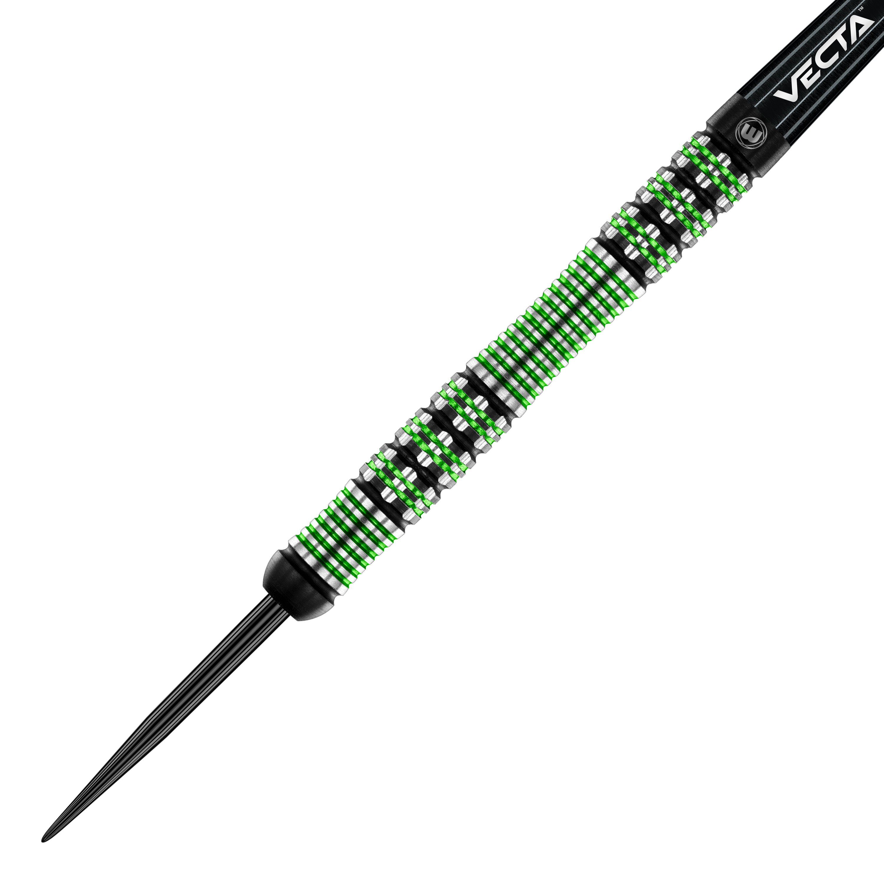 Winmau Brendan Dolan steel darts Das Bild zeigt einen Winmau Brendan Dolan Steeldart. Der Dartpfeil hat ein auffälliges Design mit grünen und silbernen Ringen am Barrel.
