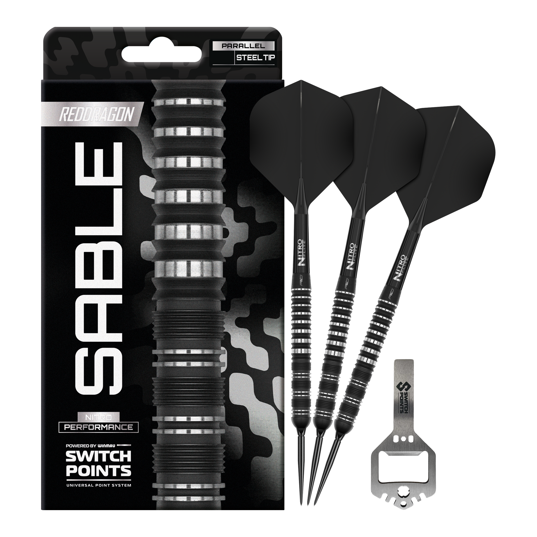 Zu sehen ist das komplette Set der Red Dragon Sable Parallel Switch Point Steeldarts. Drei Darts und Zubehör liegen nebeneinander.