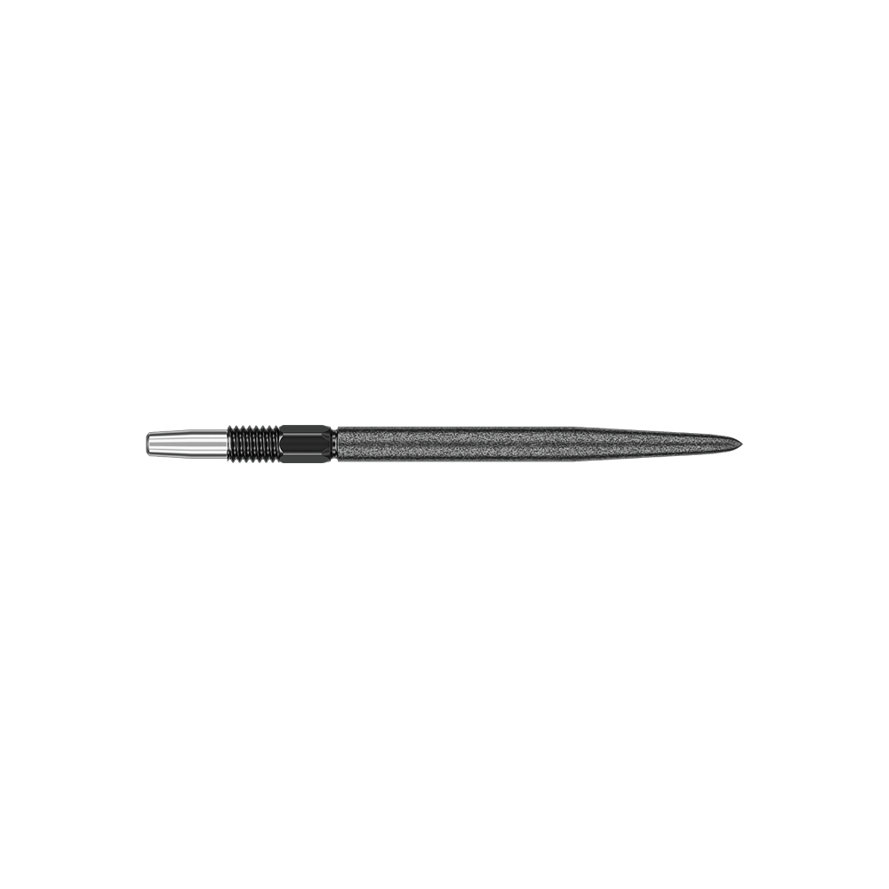 Target Swiss Point SLK dart tips - Black Das Bild zeigt eine schwarze Dartspitze mit einer strukturierten Oberfläche. Sie ist lang und schmal gestaltet und wirkt sehr robust.