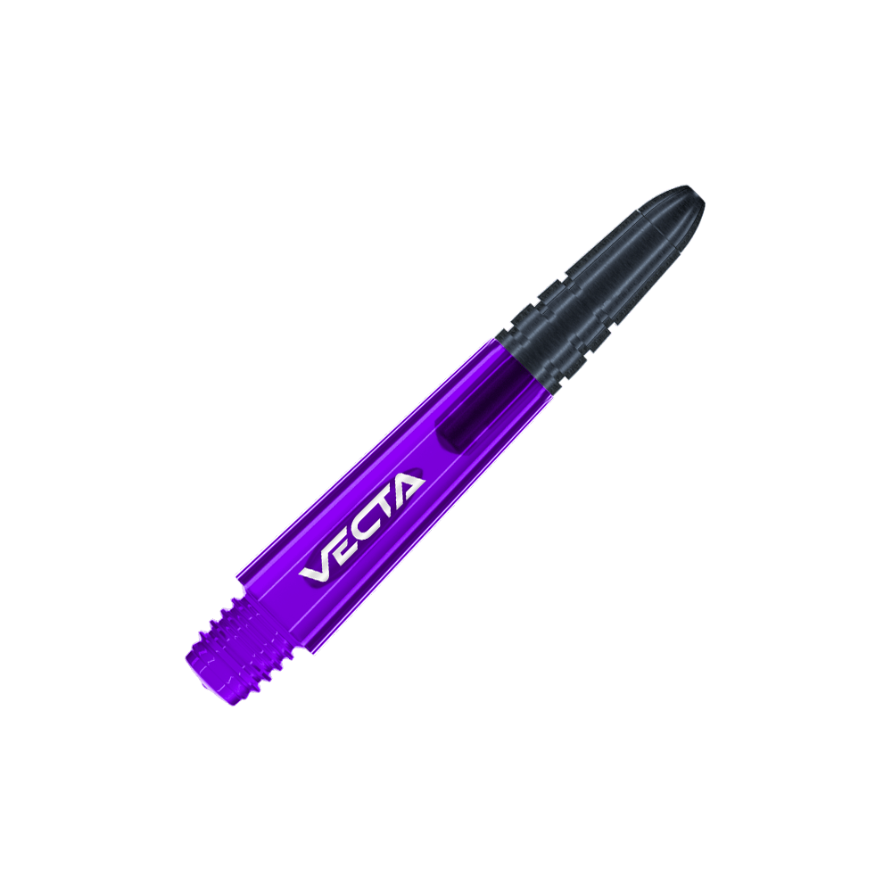 Winmau Vecta Shafts - Purple Black Dies ist ein lila und schwarzer Dart-Shaft mit der Aufschrift "VECTA". Der Shaft hat ein modernes, sportliches Design und misst 34 mm.