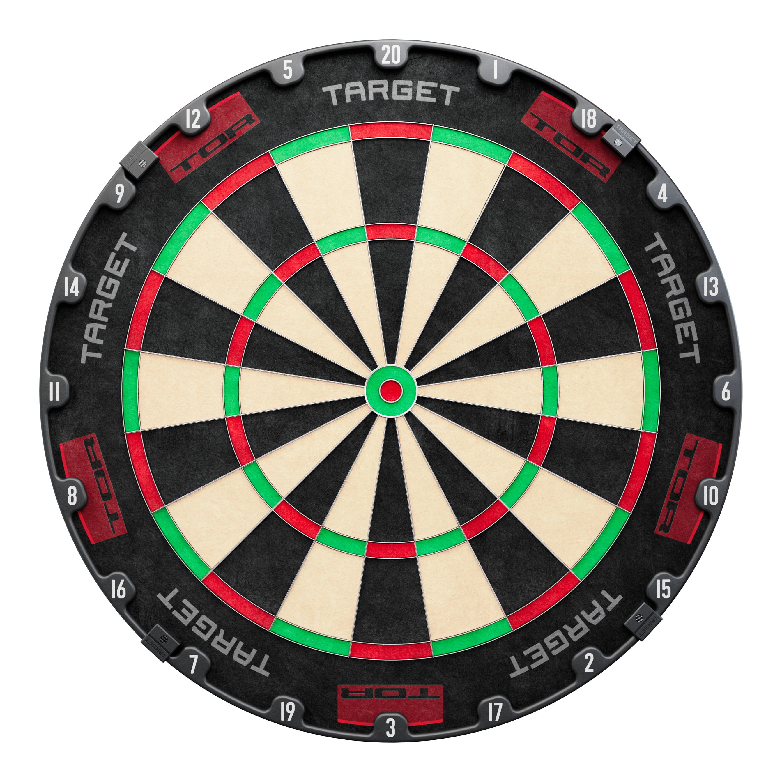 Target TOR Steel Dartboard Das Bild zeigt eine Steeldart-Scheibe mit dem Namen "Target TOR". Die Scheibe hat schwarze, weiße, grüne und rote Segmente und trägt die Aufschrift "TARGET TOR" am Rand.