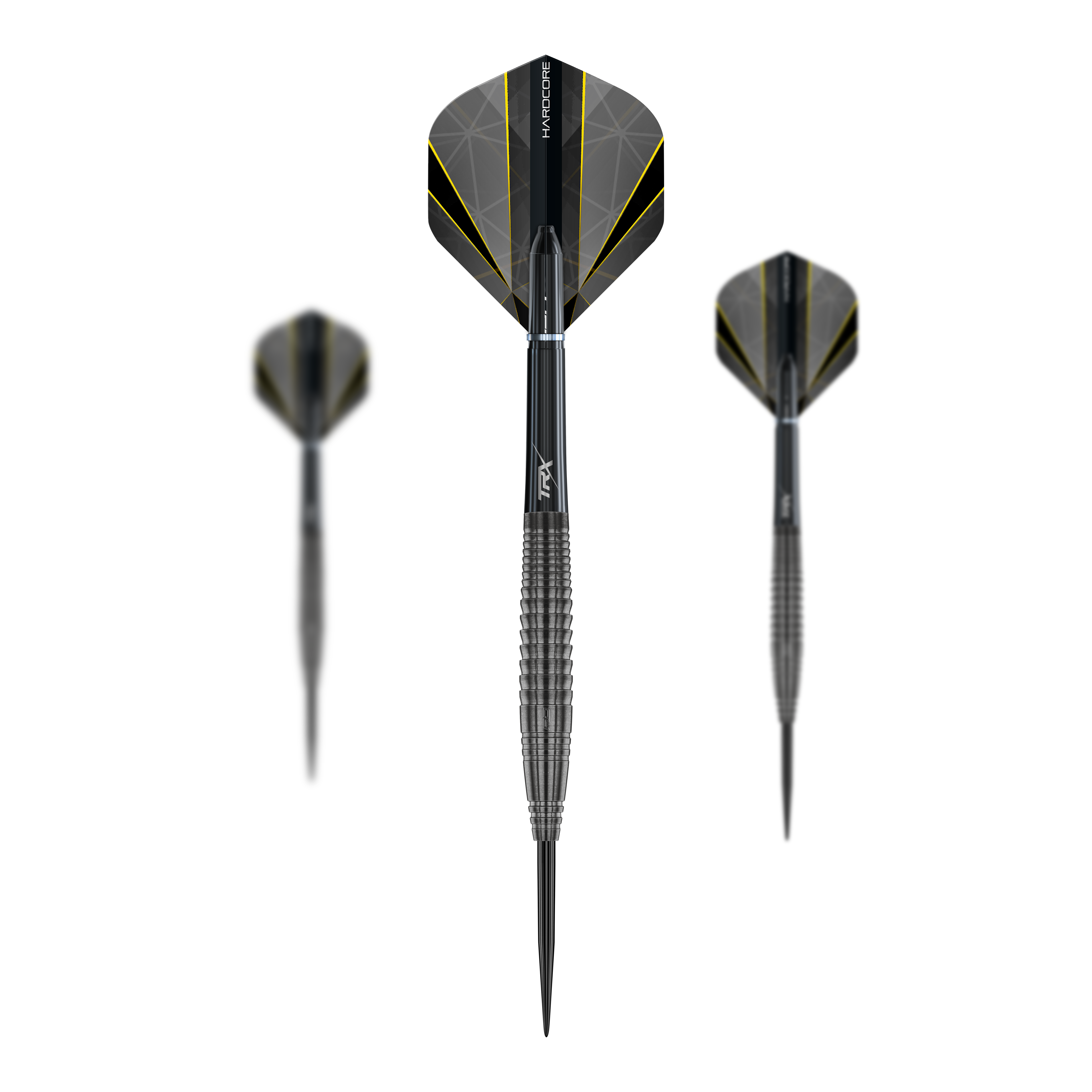 Red Dragon Seren 4 Onyx Steeldarts Das Bild zeigt drei schwarze Steeldarts mit gelben Akzenten und dem Namen „Red Dragon Seren 4 Onyx“. Die Pfeile haben strukturierte Griffe und moderne Flights.