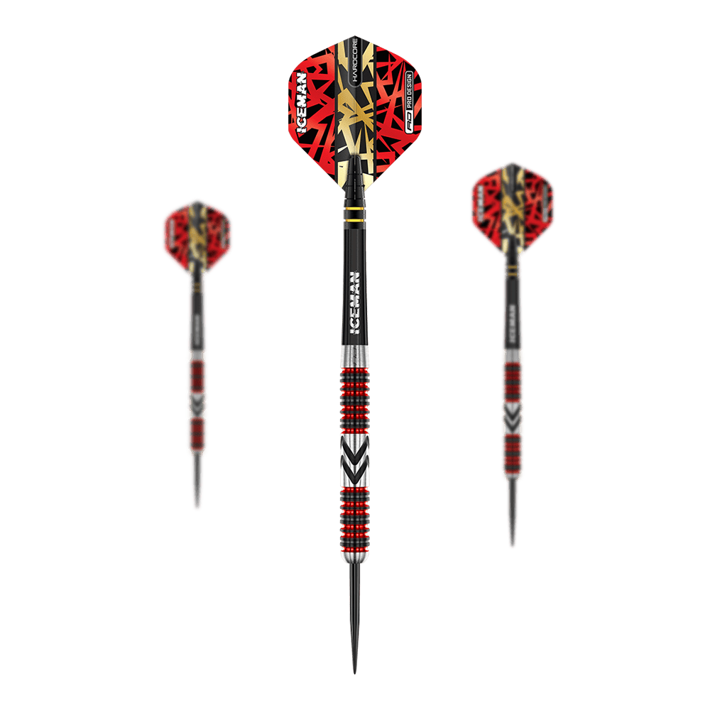 Red Dragon Gerwyn Price Firebird steel darts Das Bild zeigt drei Steeldarts mit auffälligen roten und schwarzen Flights. Die Schäfte sind silbern mit roten und schwarzen Rillen sowie der Aufschrift "ICEMAN".