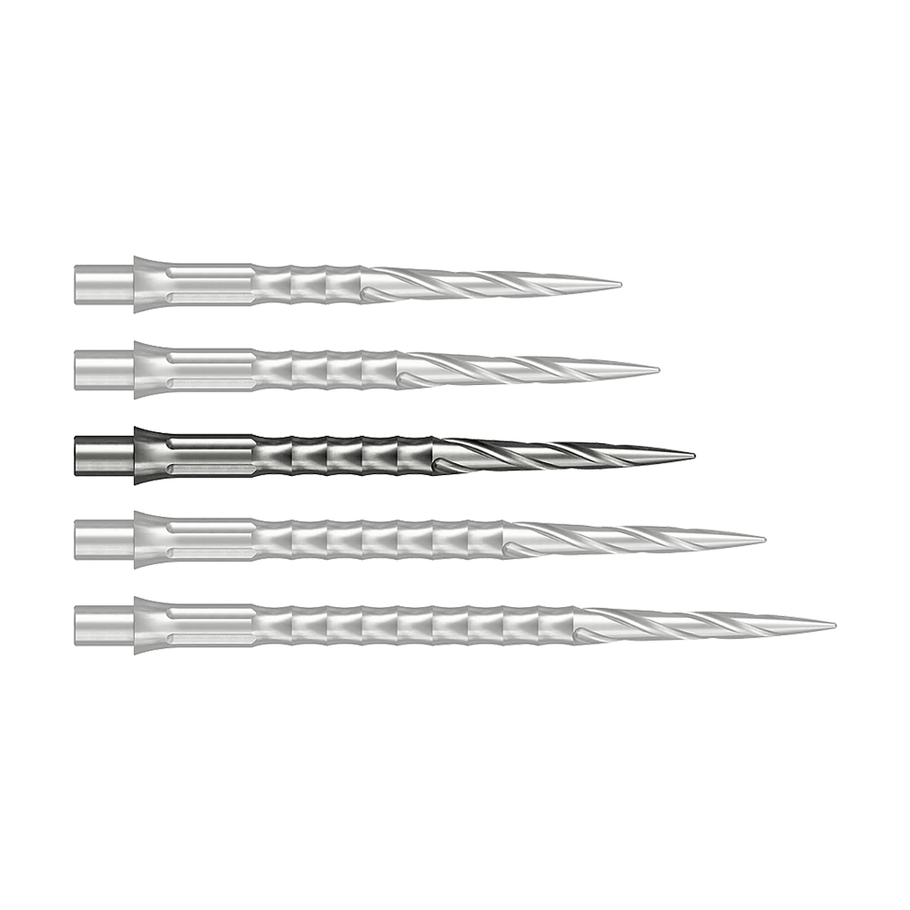 Caliburn System steel dart tips - Spiro - NoLip - silver Zu sehen ist vermutlich eine Steeldartspitze in Silber, 32 mm lang. Das Produkt ist eine Spiro NoLip Spitze vom Caliburn Evo System.