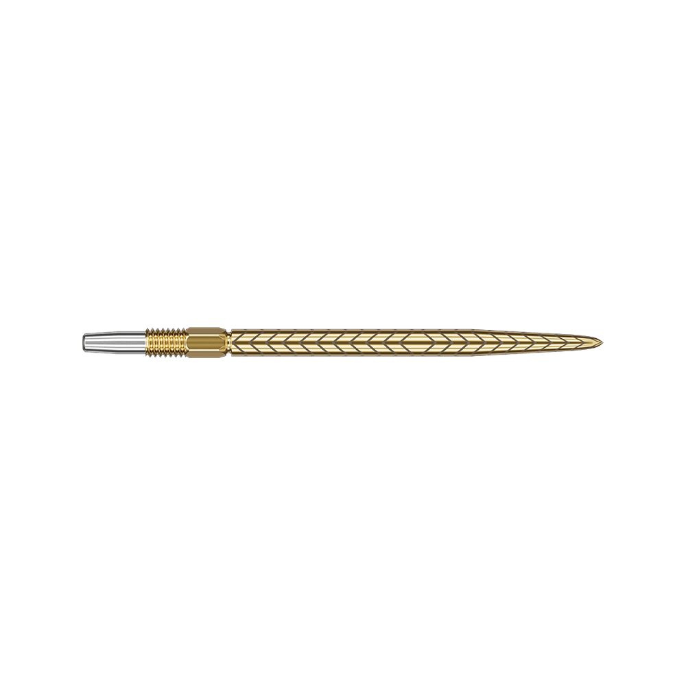 Target Swiss Point RVE dart tips - Gold Das Bild zeigt eine goldfarbene Dartspitze mit einem feinen, eingravierten Muster. Die Spitze ist lang und hat ein elegantes, schlankes Design.