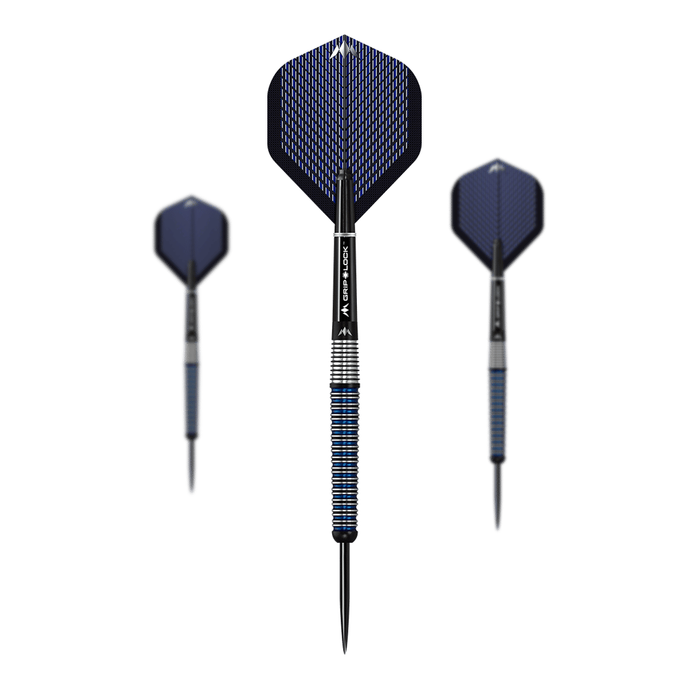 Mission Nightfall Model 3 steel darts Das Bild zeigt drei Steeldarts des Modells "Mission Nightfall Model 3". Die Darts haben blaue Flights und ein silber-blau gestreiftes Barrel.