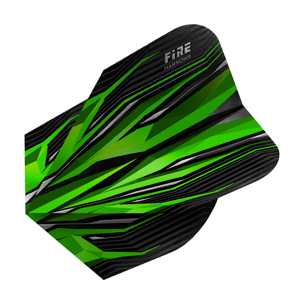 HR2_Harrows_Fire_Green_Standard_Flights_2 Harrows Fire Green Standard Flights mit Flammenmotiv. Die Flights liegen überlappend nebeneinander.
