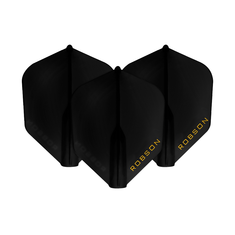 Robson Plus Flights - NO6 Das Bild zeigt drei schwarze Dart-Flights mit der Aufschrift "ROBSON" in gelber Schrift. Sie sind nebeneinander angeordnet und heben sich vor einem weißen Hintergrund ab.