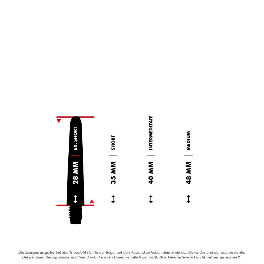 MD-600_Nylon_Shafts_mit_Wunschdruck_5_28mm Das Bild zeigt verschiedene Längen von Nylon Shafts, dargestellt in Millimetern. Die Längen reichen von 28 mm (Ex-Short) bis 48 mm (Medium).