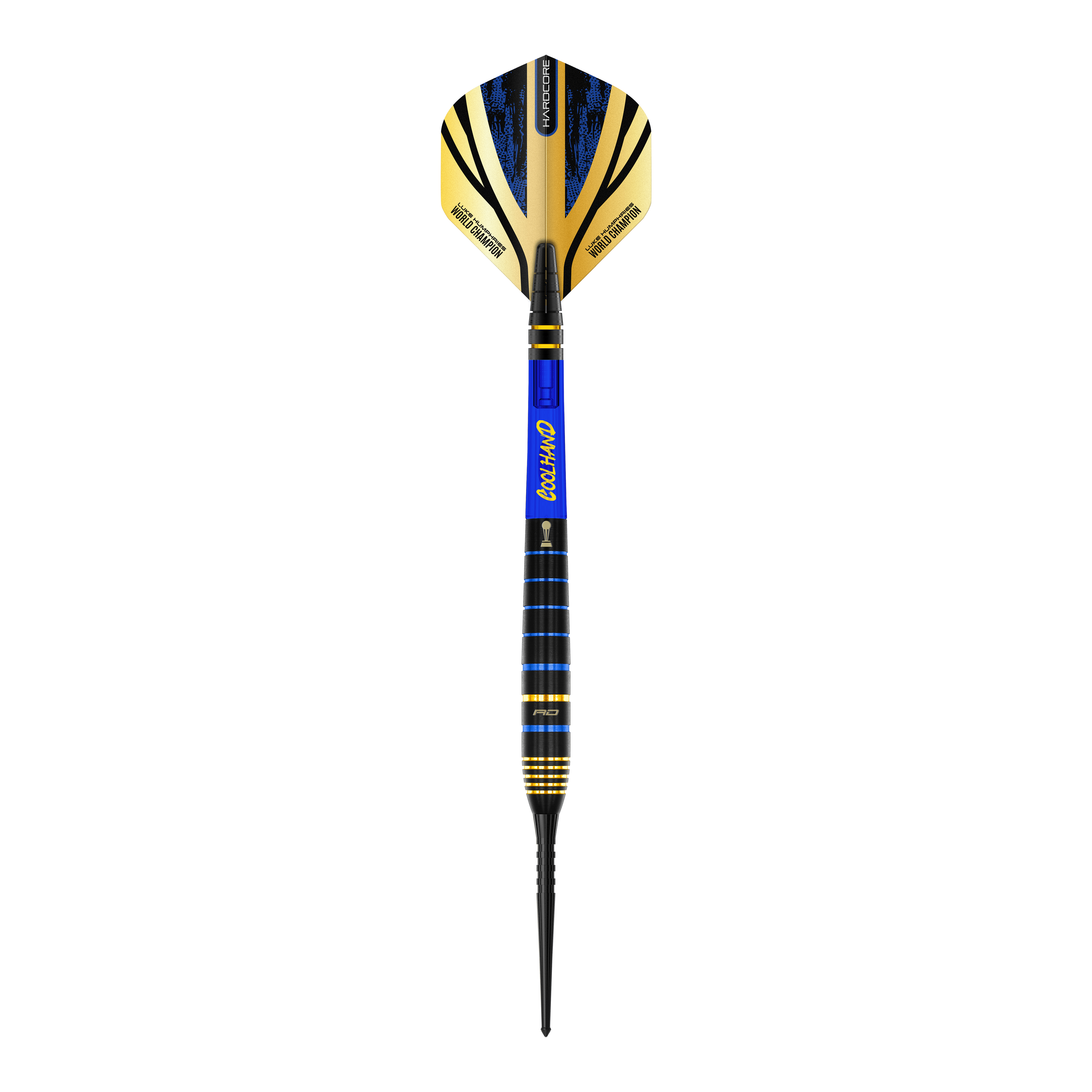 Red Dragon Luke Humphries TX4 Avenger steel darts Das Bild zeigt einen Red Dragon Luke Humphries TX4 Avenger Steeldart. Der Dart hat schwarze, blaue und goldene Farbakzente sowie einen auffälligen Flight.