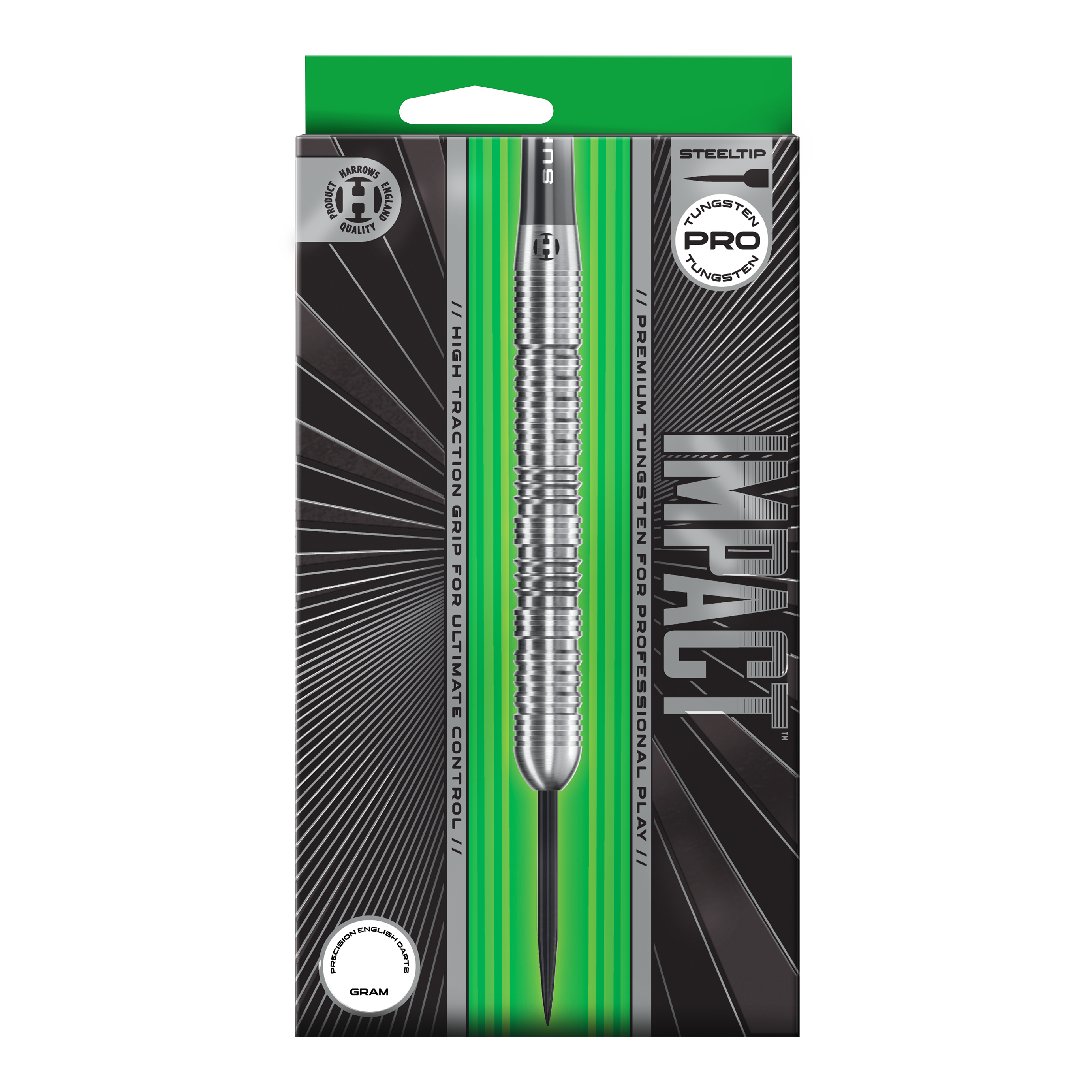 Harrows Impact Steel Darts Abgebildet sind Harrows Impact Steeldarts aus einer anderen Perspektive. Die Darts wirken robust und professionell.