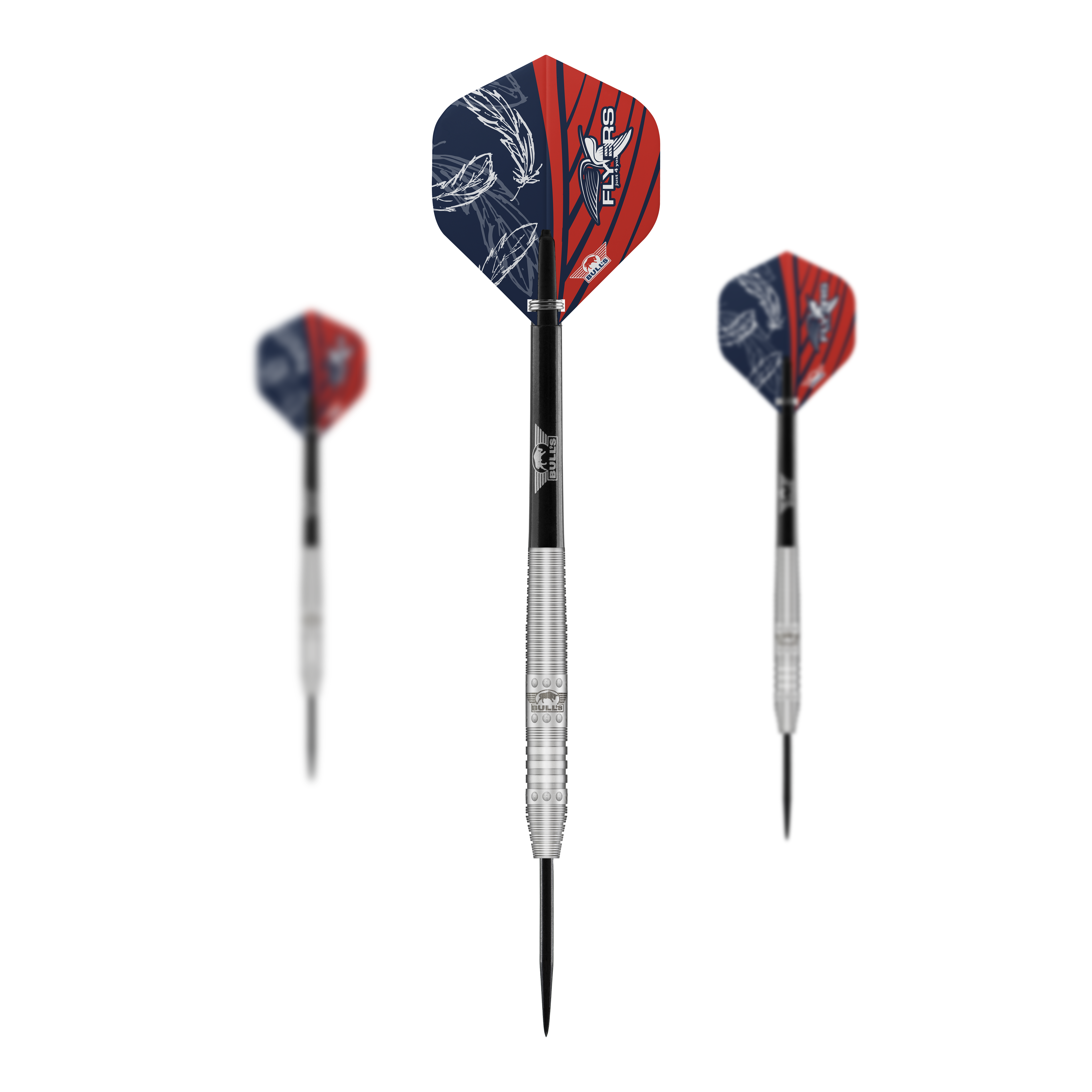 Bulls NL Richard Veenstra 80 steel darts - 23g Das Bild zeigt drei Steeldarts des Modells "Bulls NL Richard Veenstra 80" mit 23g Gewicht. Die Flights sind rot-blau gestaltet und auf dem mittleren Dart ist das Logo gut zu erkennen.