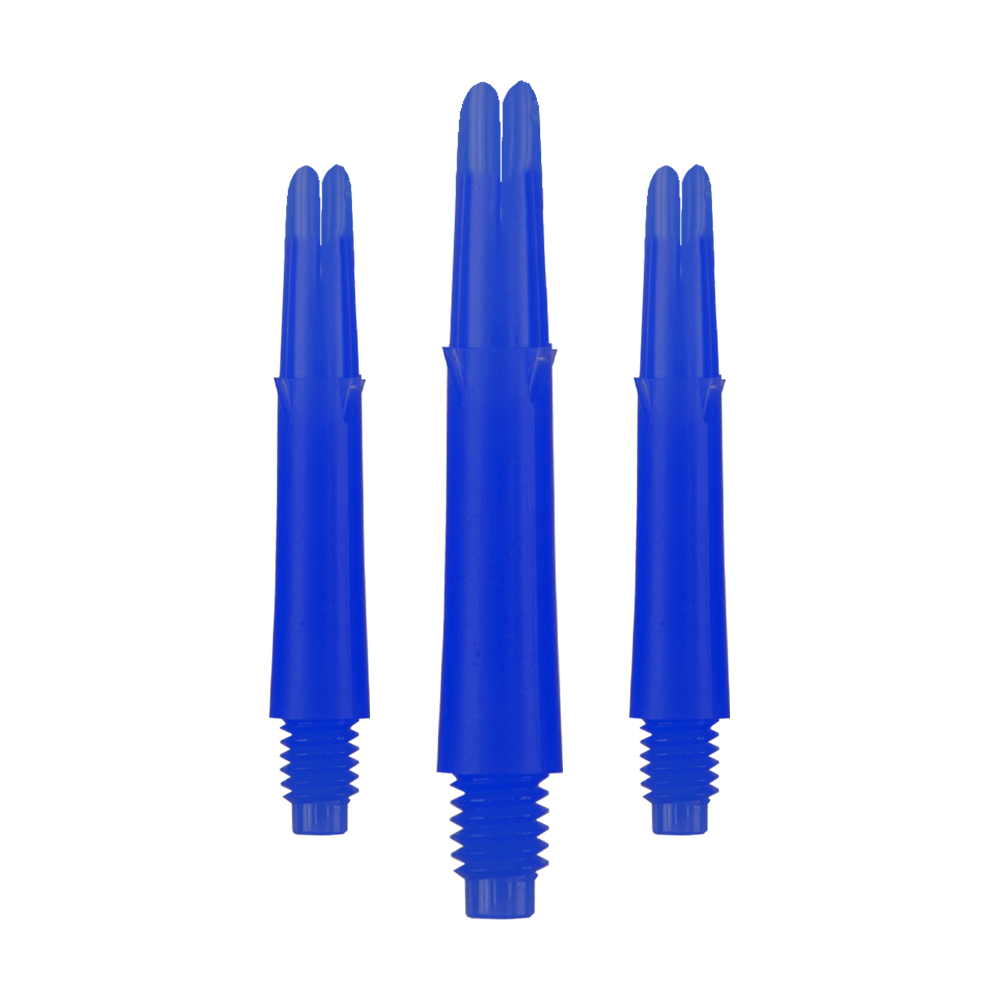 Auf dem Bild sind drei blaue Dartschäfte in unterschiedlicher Höhe zu sehen. Sie haben ein gerades Design und ein Gewinde am unteren Ende.