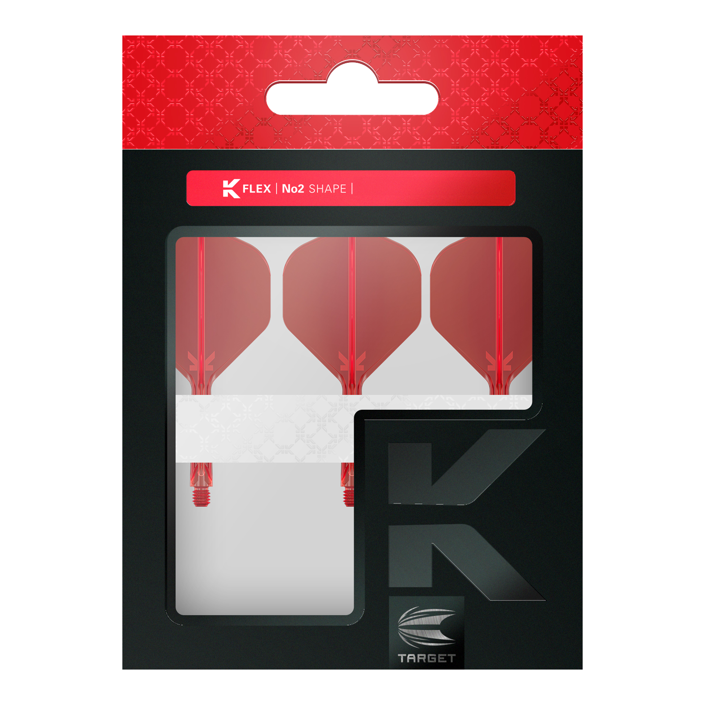 Target K-Flex No2 Standard Flight System - Red Die Abbildung zeigt eine Packung mit drei roten Dart-Flights von Target in der Form No2. Die Verpackung ist überwiegend schwarz mit einem roten oberen Abschnitt und einem Sichtfenster.