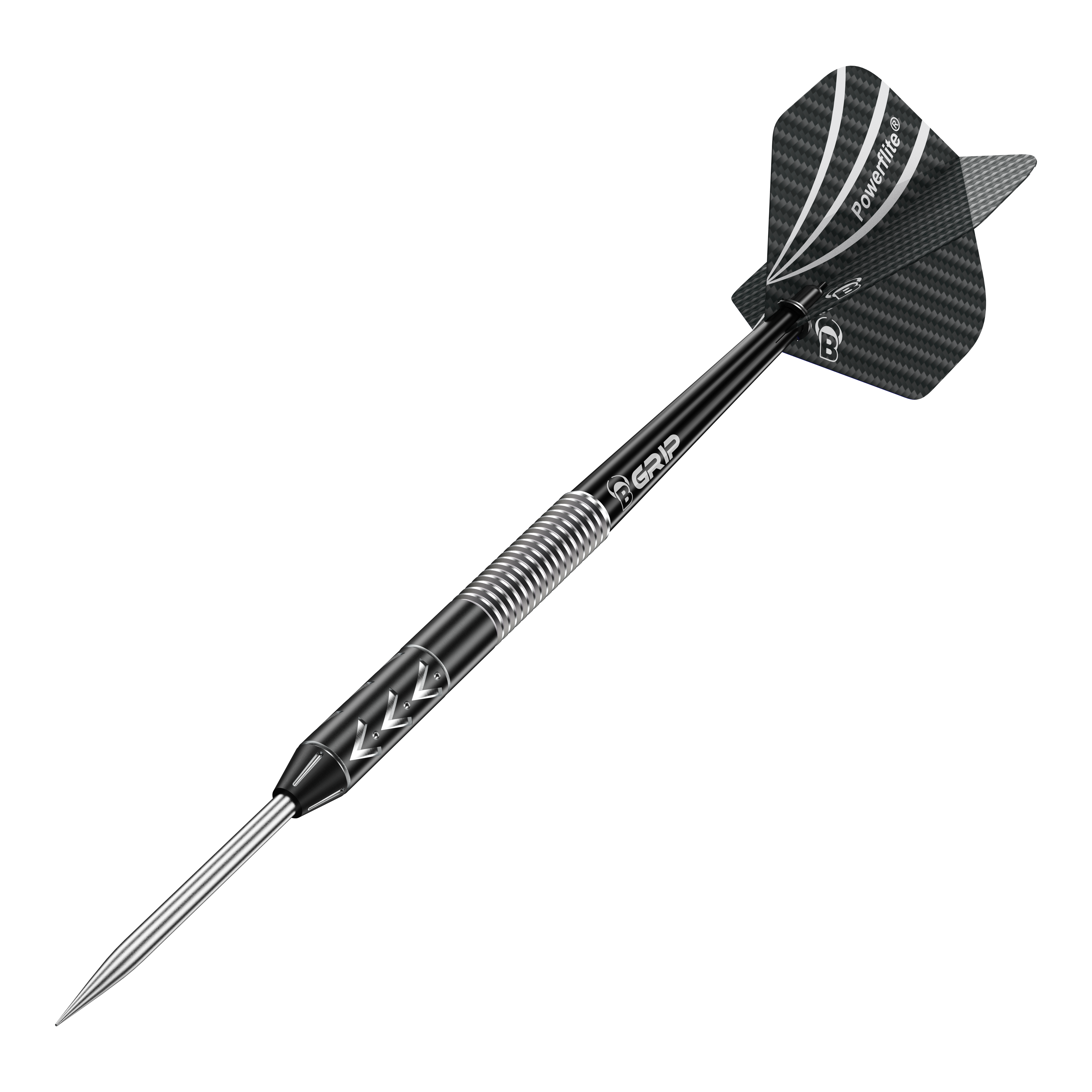 Bulls Challenger Arno Merk steel darts - 22g Das Bild zeigt einen Bulls Challenger Arno Merk Steeldart mit einem Gewicht von 22g. Der Dart ist überwiegend schwarz mit einem silbernen Griffbereich und einer schwarzen Flight.