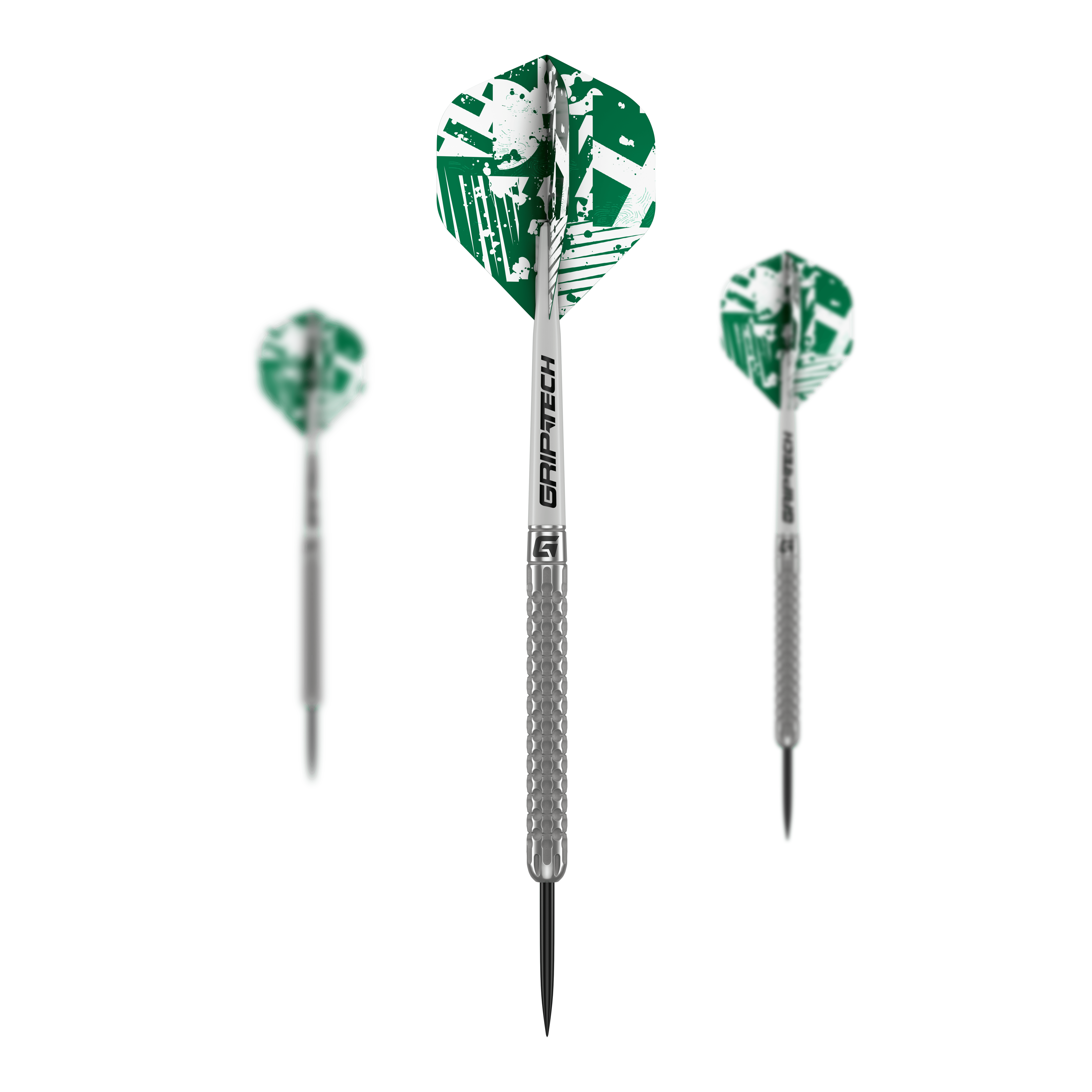 GOAT Fairway V1 Tungsten Steel Darts Das Bild zeigt drei GOAT Fairway V1 Tungsten Steeldarts mit grünen und weißen Flights. Die Darts haben silberne Griffe mit strukturiertem Muster und schwarzer Spitze.
