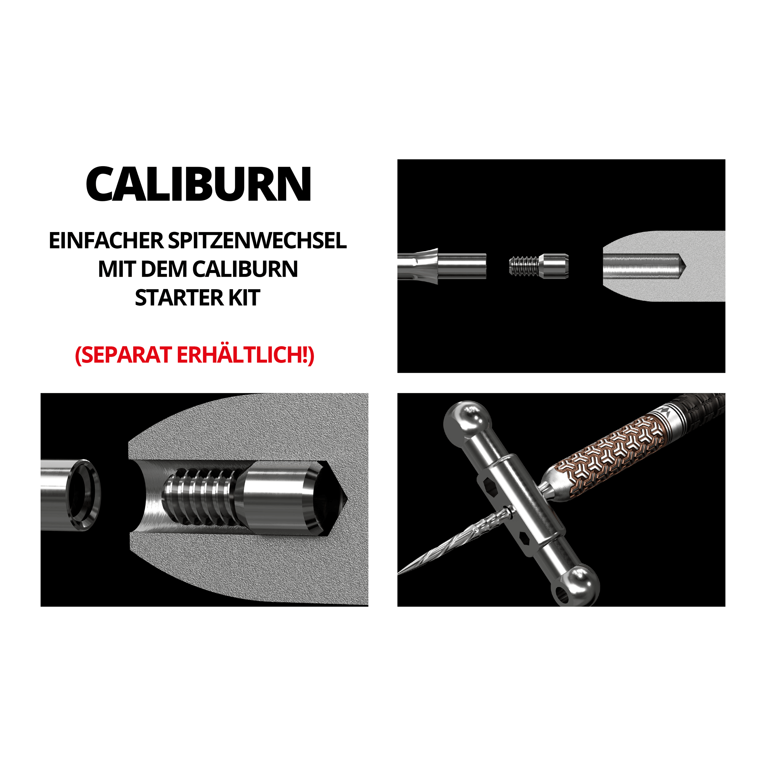 Mission Caliburn EVO dart tips - Ripple - Coral Das Bild zeigt verschiedene Detailansichten eines austauschbaren Steeldartspitzensystems. In mehreren Abbildungen werden die einzelnen Komponenten und der Zusammenbau des Systems dargestellt.