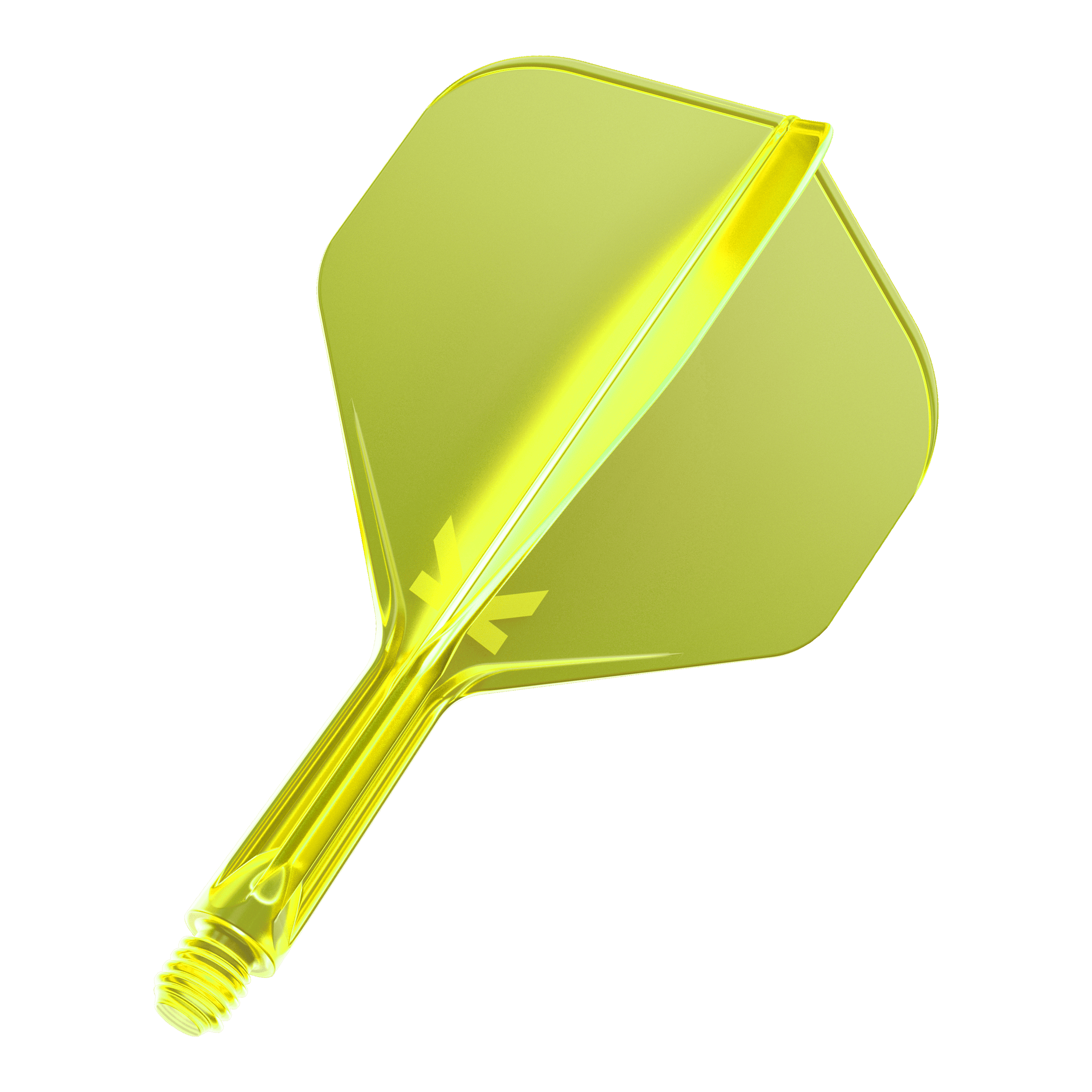 Target K-Flex No2 Standard Flight System - Neon Yellow Das Bild zeigt eine neon-gelbe Dart-Flügel-Kombination mit einem integrierten Schaft. Die Oberfläche ist glänzend und das Material wirkt durchsichtig.
