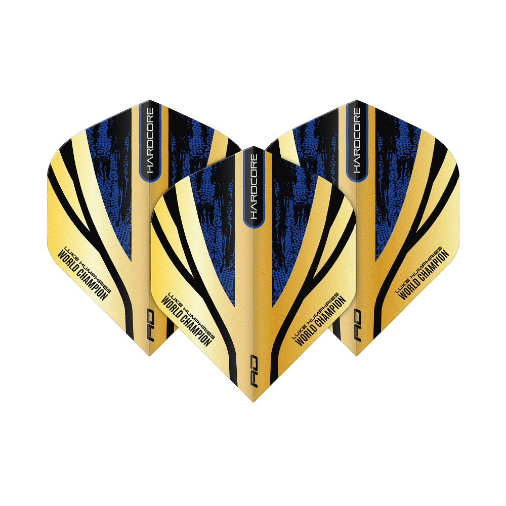 Red Dragon Hardcore Premium Luke Humphries Gold Standard Flights Das Bild zeigt drei Dart-Flights mit einem gold-schwarzen und blauen Design. Auf den Flights steht "Luke Humphries World Champion" sowie "Hardcore".