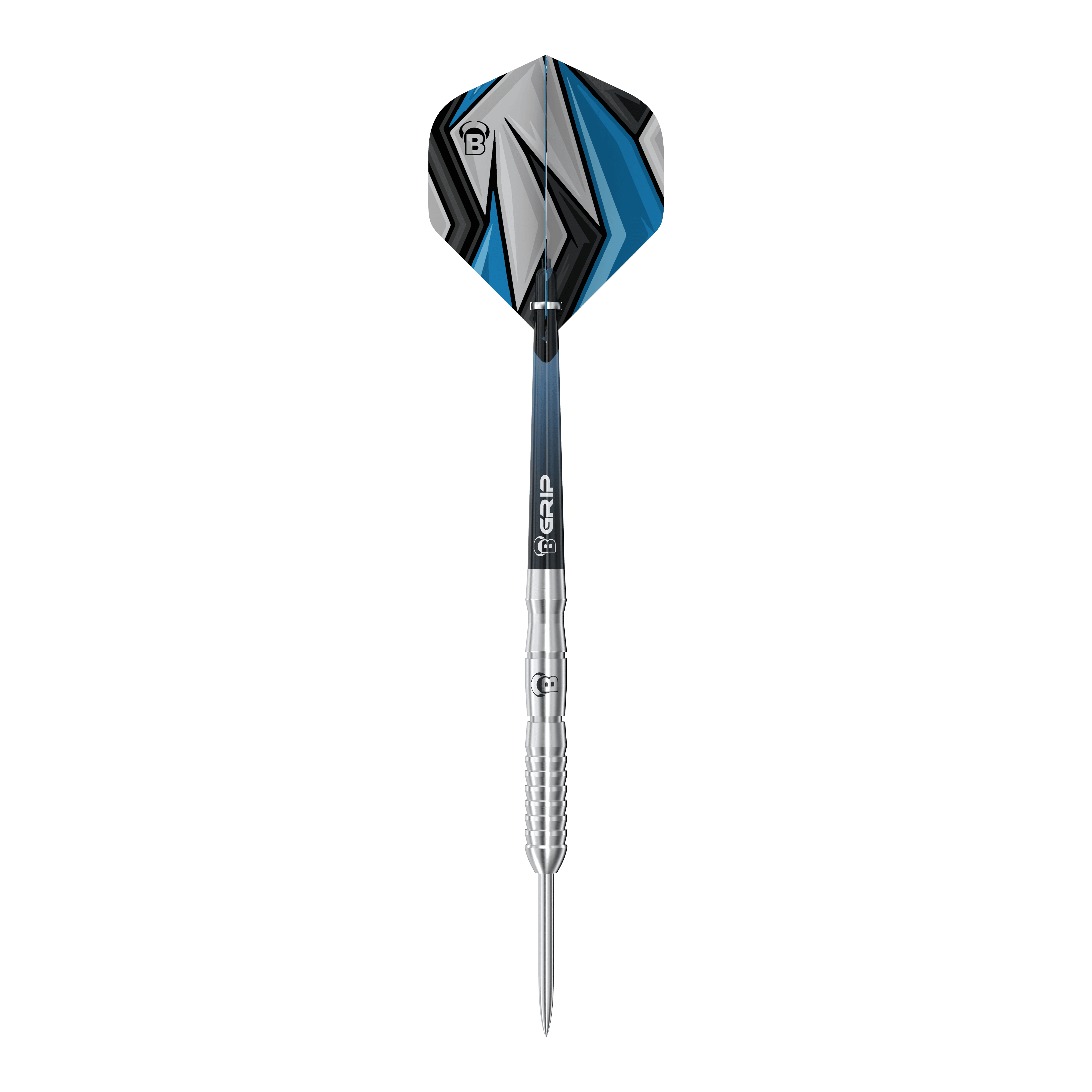 Bulls Stone S3 Steeldarts Das Bild zeigt einen Bulls Stone S3 Steeldart. Der Dart hat ein silbernes Barrel und ein Flight mit blau-schwarzem Muster.