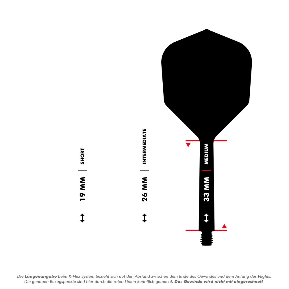 Target K-Flex No6 Flight System - Black Das Bild zeigt drei verschiedene Längen von Dart-Schäften: 19 mm (kurz), 26 mm (mittel) und 33 mm (lang). Die Längenangaben beziehen sich auf den Abstand zwischen dem Ende des Gewindes und dem Anfang des Flights.