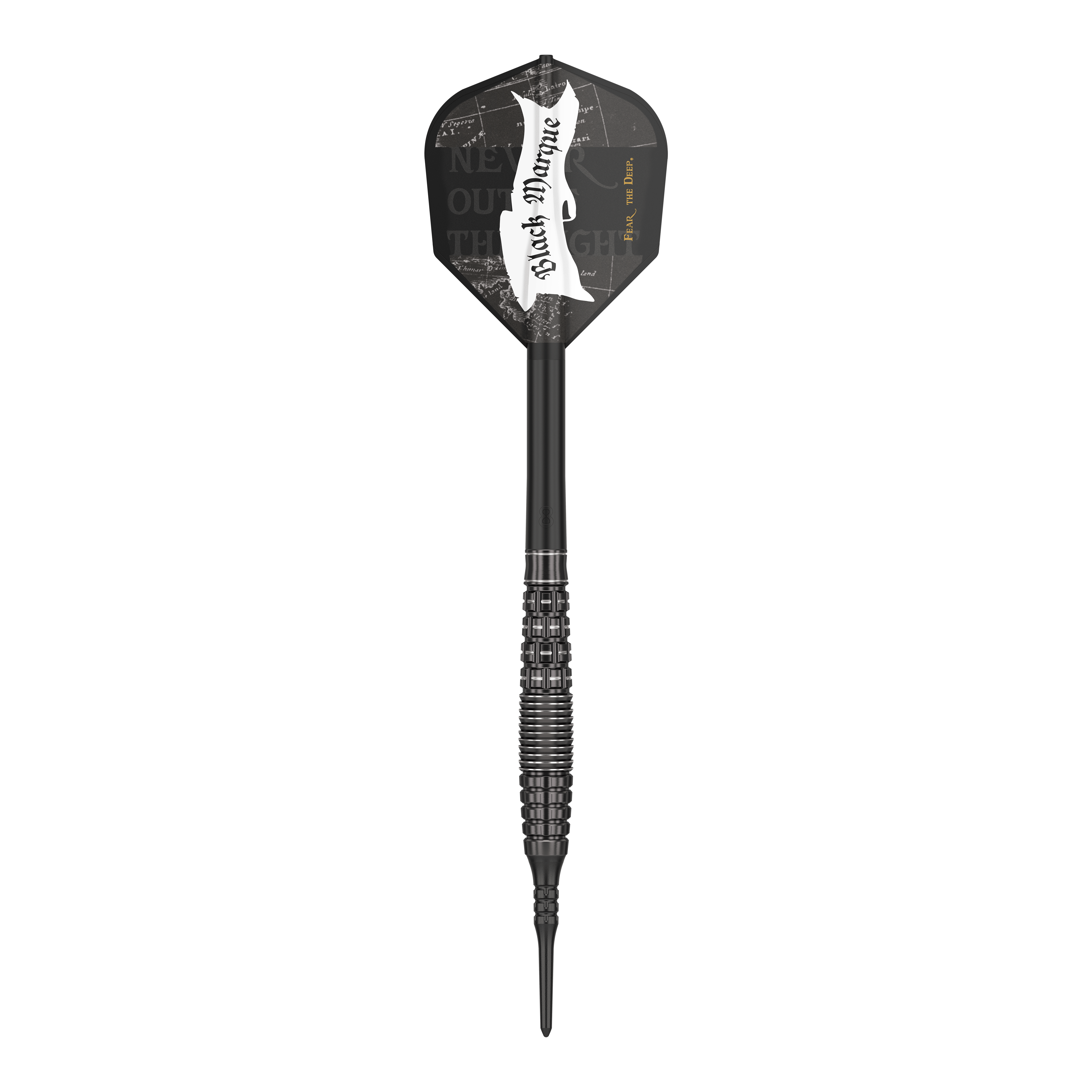 Target Japan Black Marque Phantom Soft Darts - 18g Das Bild zeigt einen schwarzen Softdart namens "Target Japan Black Marque Phantom Softdarts - 18g". Der Dart hat ein elegantes, schwarzes Design mit strukturiertem Griff und einer schwarzen Flight mit weißem Schriftzug.